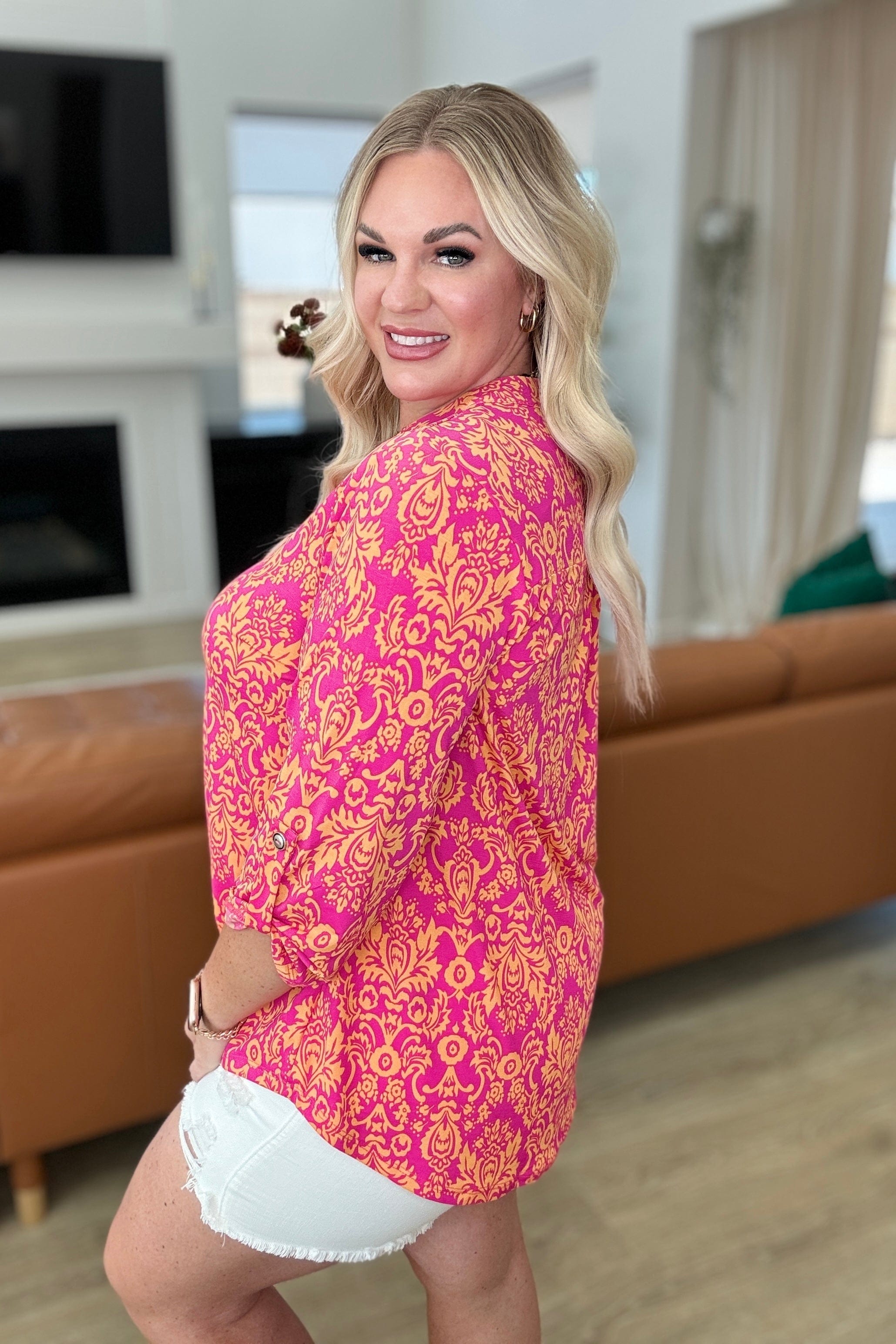 Lizzy Top in Hot Pink and Tangerine Damask-Tops-Stay Foxy Boutique, Florissant, Missouri
