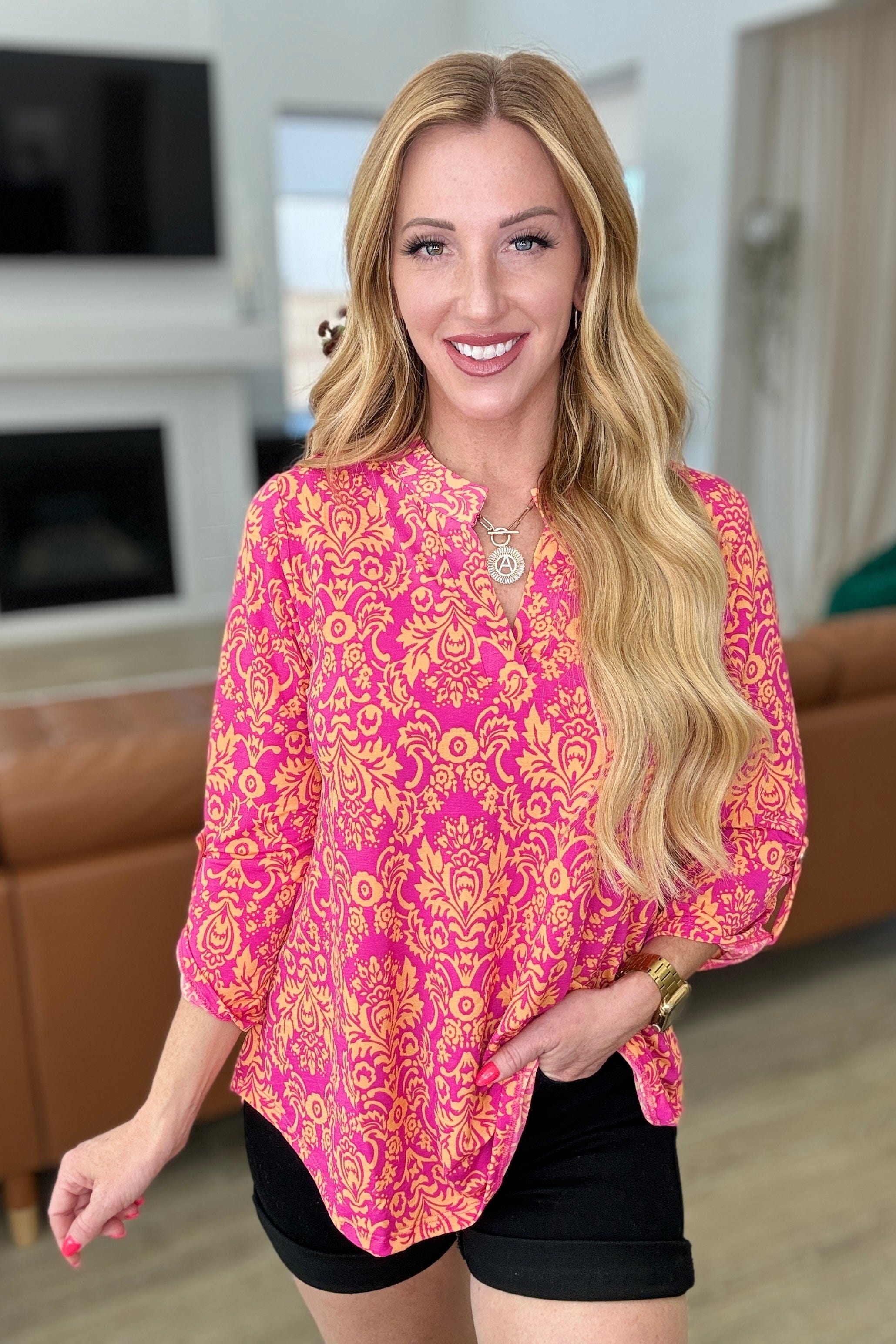 Lizzy Top in Hot Pink and Tangerine Damask-Tops-Stay Foxy Boutique, Florissant, Missouri