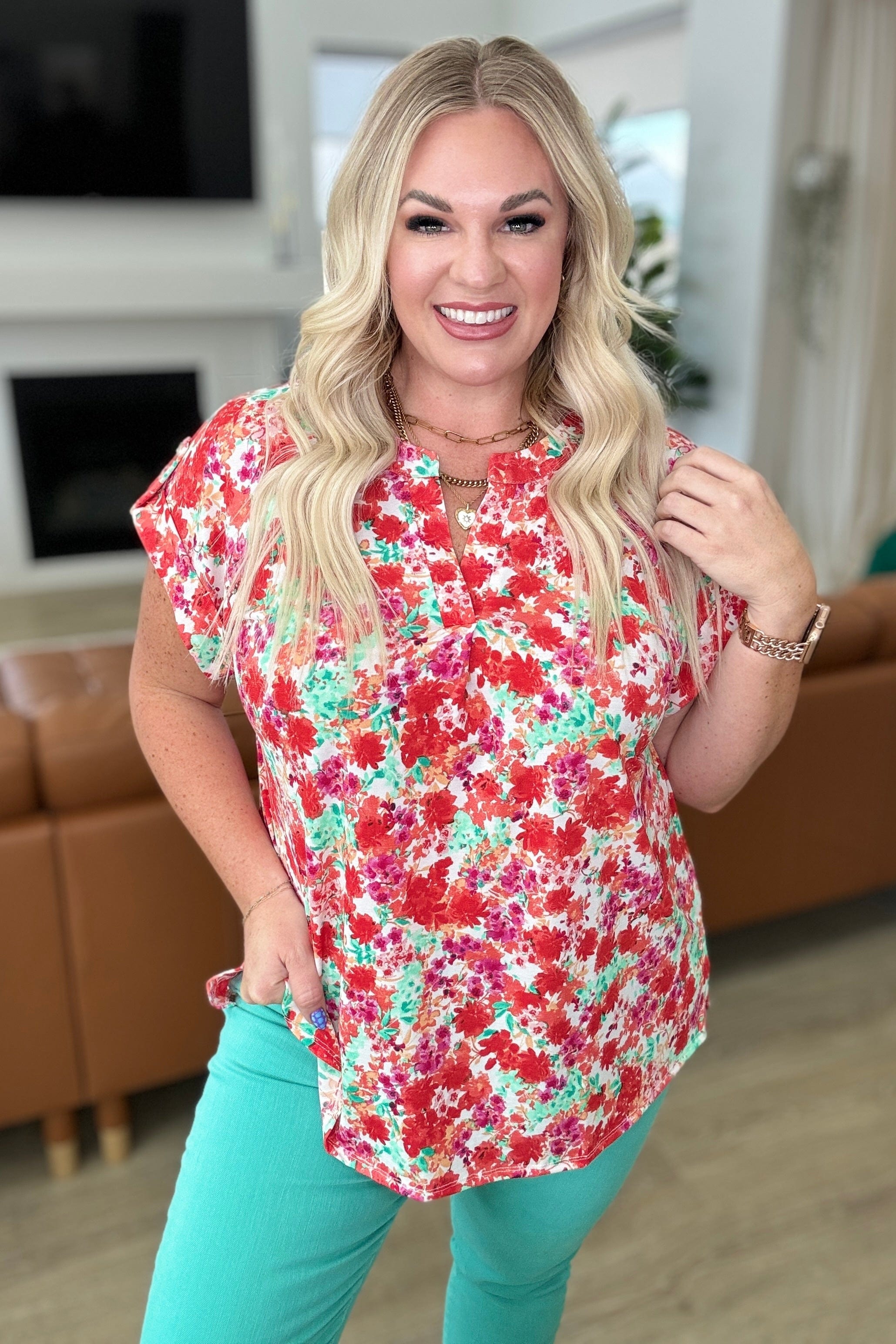 Lizzy Cap Sleeve Top in Ivory and Coral Floral-Tops-Stay Foxy Boutique, Florissant, Missouri