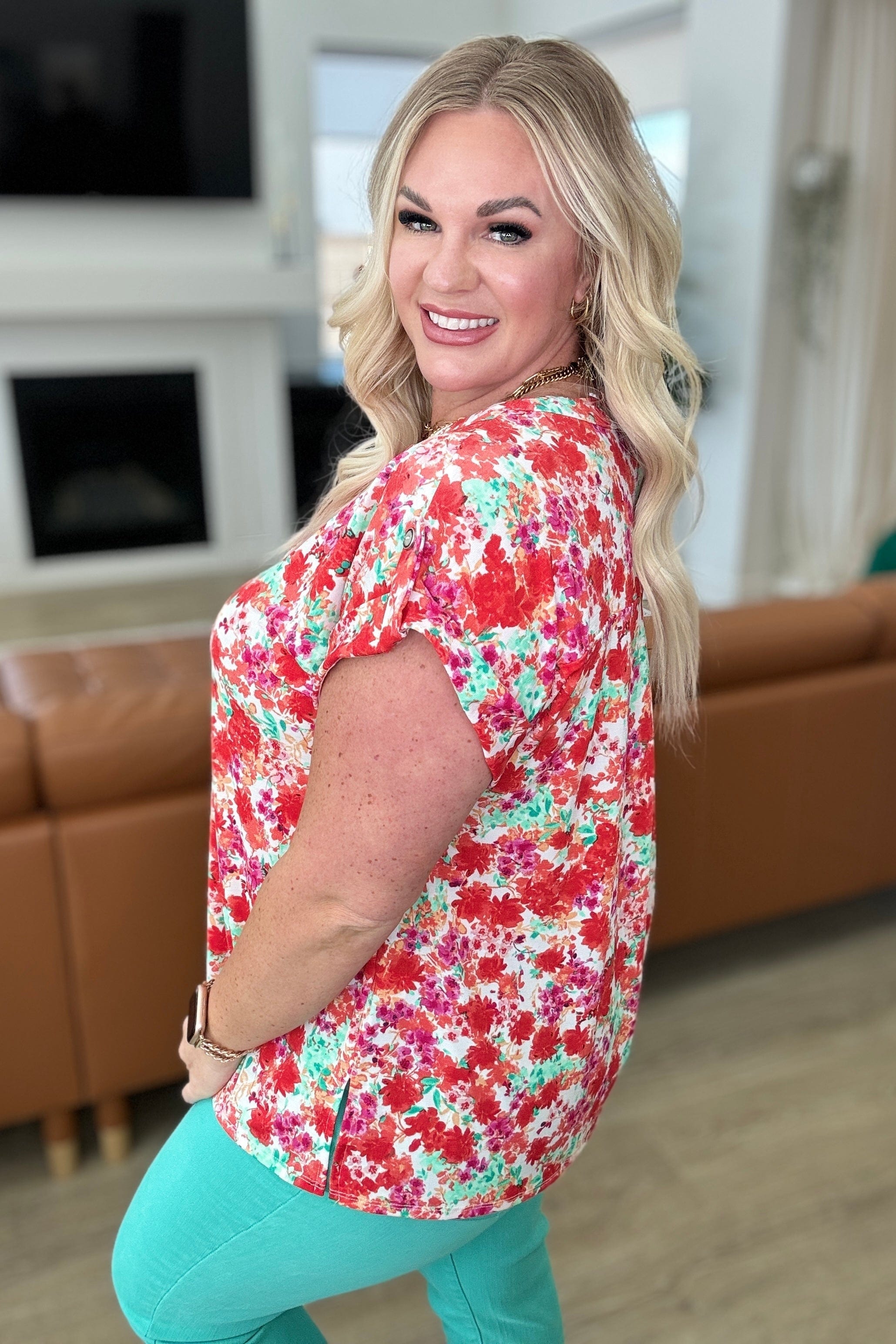 Lizzy Cap Sleeve Top in Ivory and Coral Floral-Tops-Stay Foxy Boutique, Florissant, Missouri