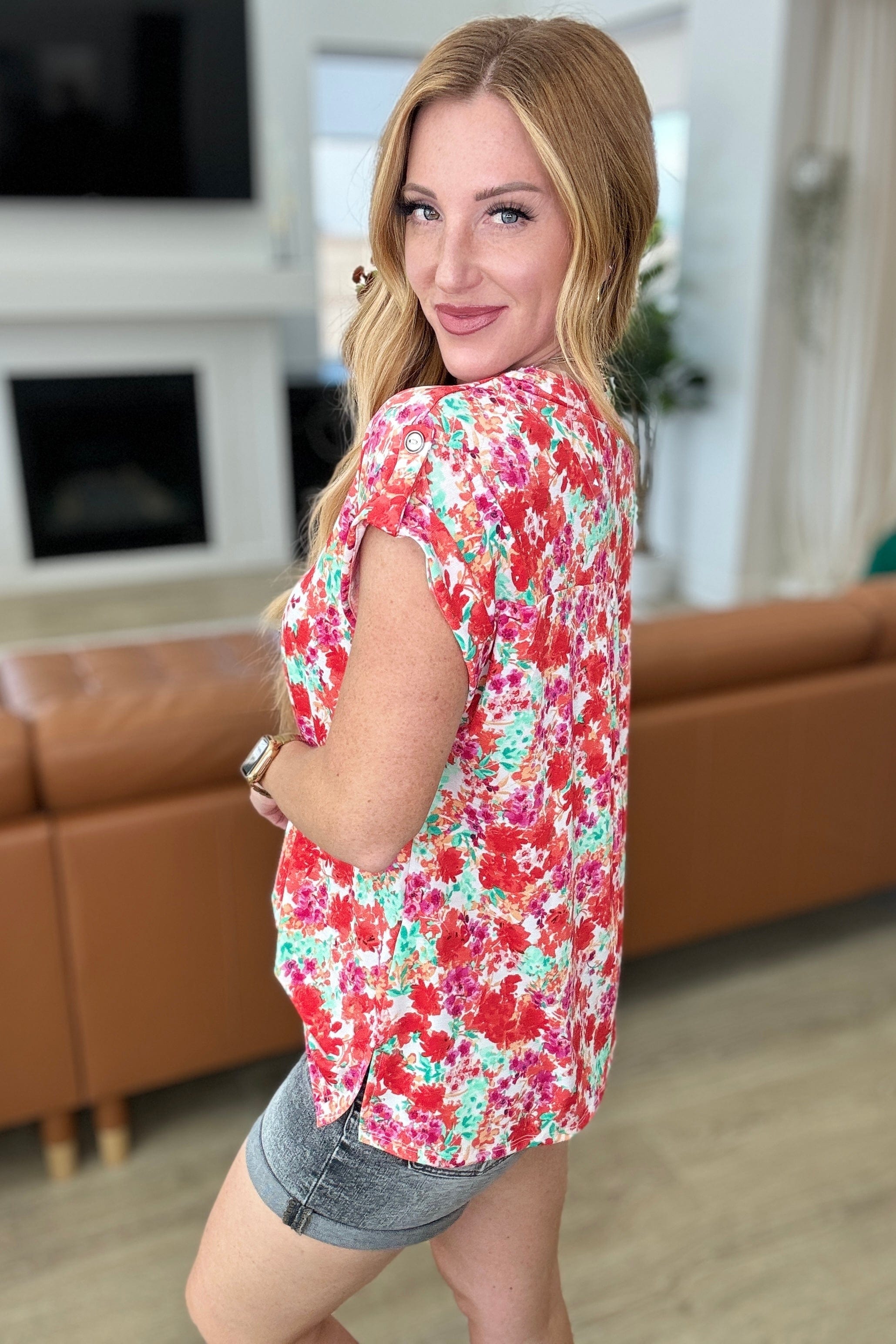 Lizzy Cap Sleeve Top in Ivory and Coral Floral-Tops-Stay Foxy Boutique, Florissant, Missouri