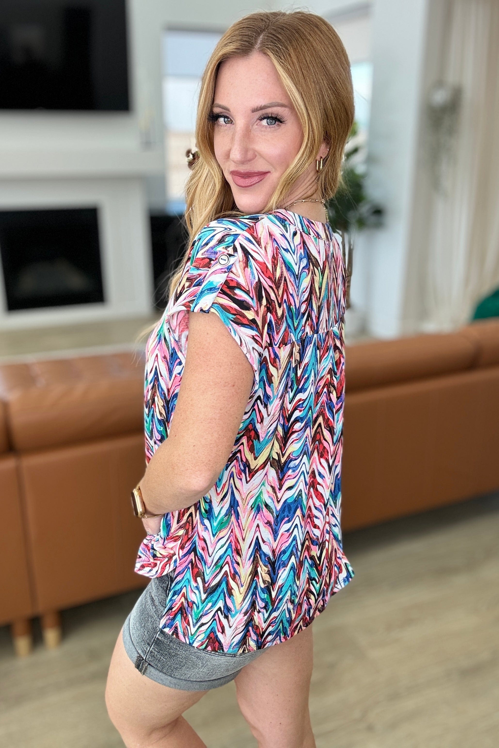 Lizzy Cap Sleeve Top in Marbled Multi-Tops-Stay Foxy Boutique, Florissant, Missouri