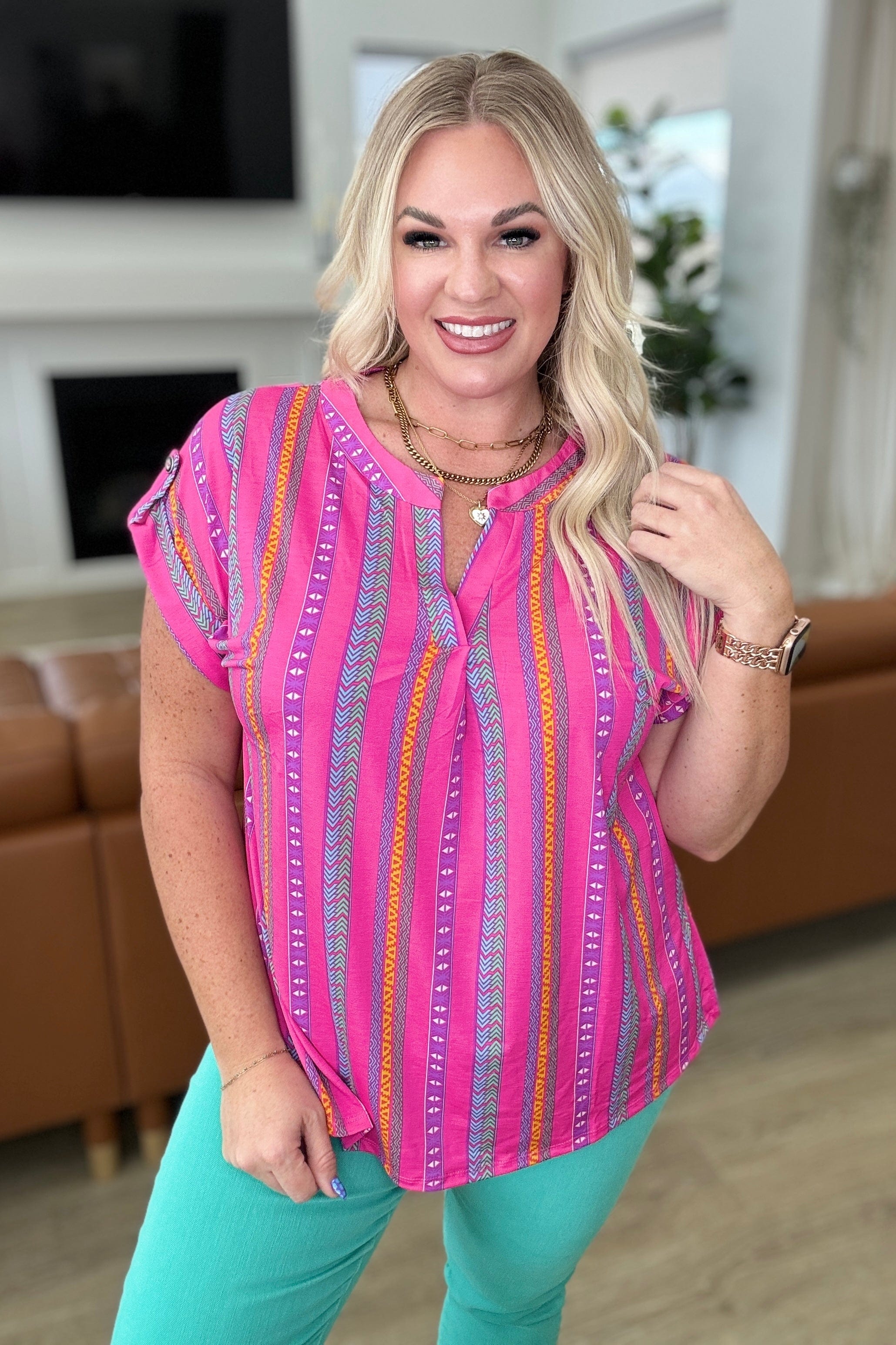 Lizzy Cap Sleeve Top in Hot Pink Stripe-Tops-Stay Foxy Boutique, Florissant, Missouri