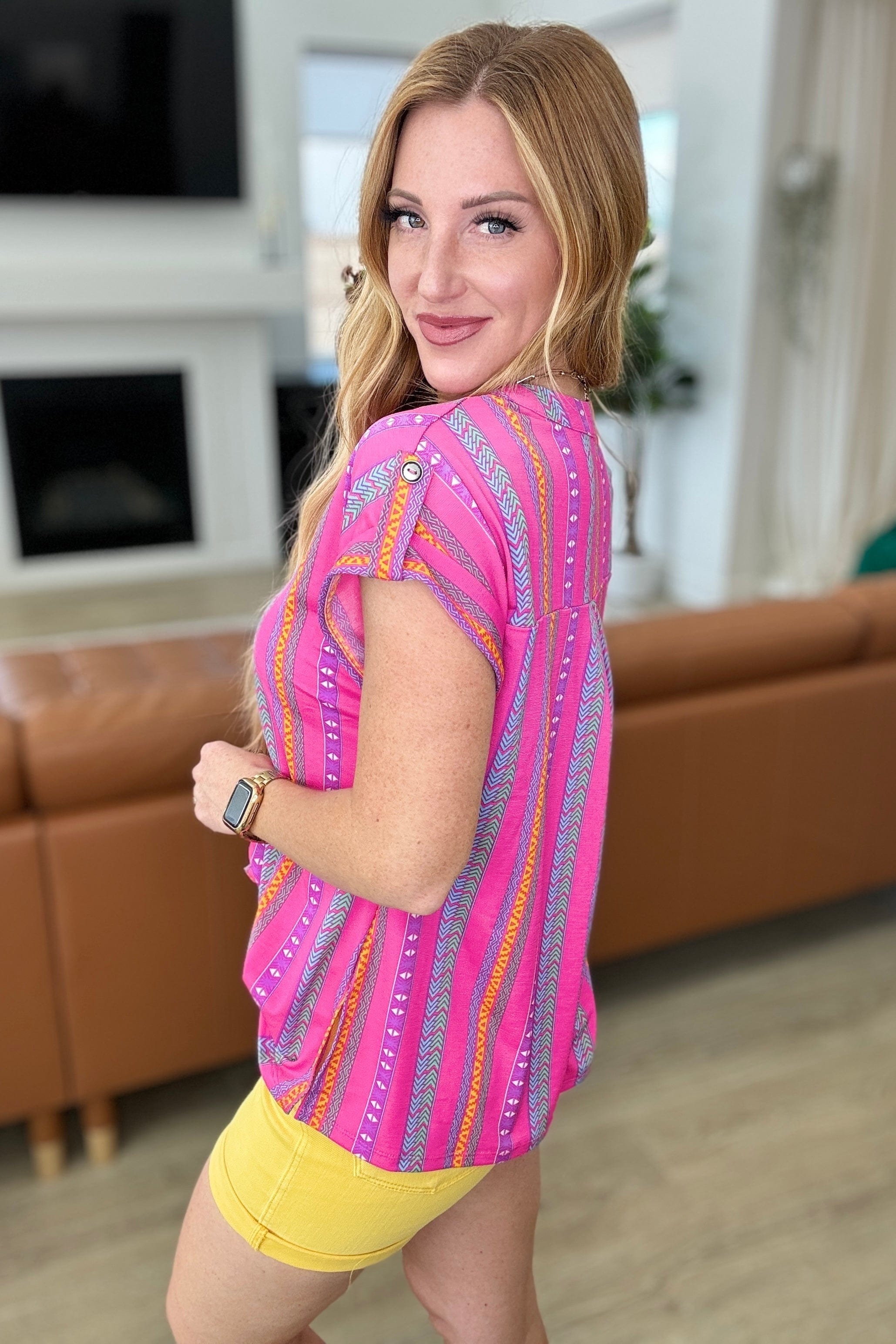 Lizzy Cap Sleeve Top in Hot Pink Stripe-Tops-Stay Foxy Boutique, Florissant, Missouri