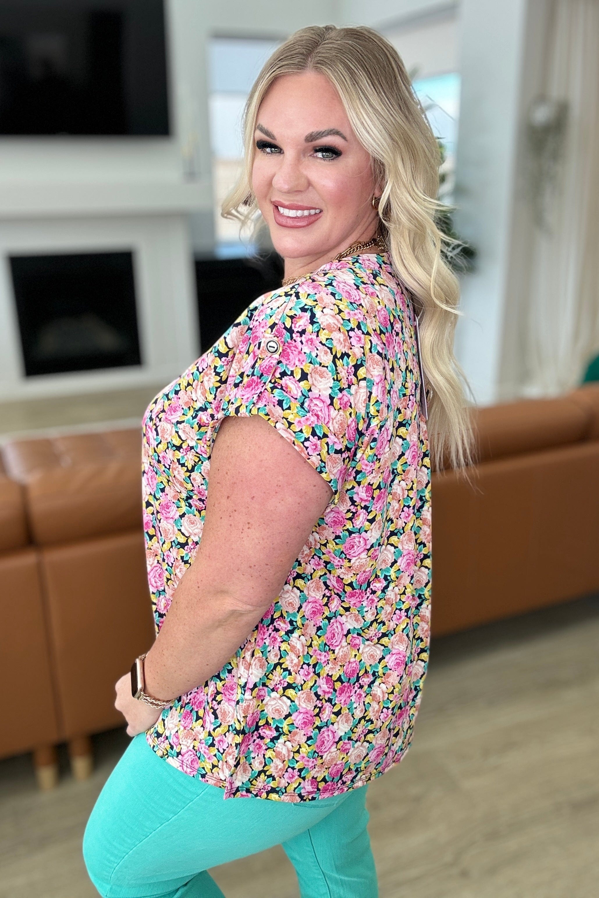 Lizzy Cap Sleeve Top in Navy and Rose Ditsy Floral-Tops-Stay Foxy Boutique, Florissant, Missouri