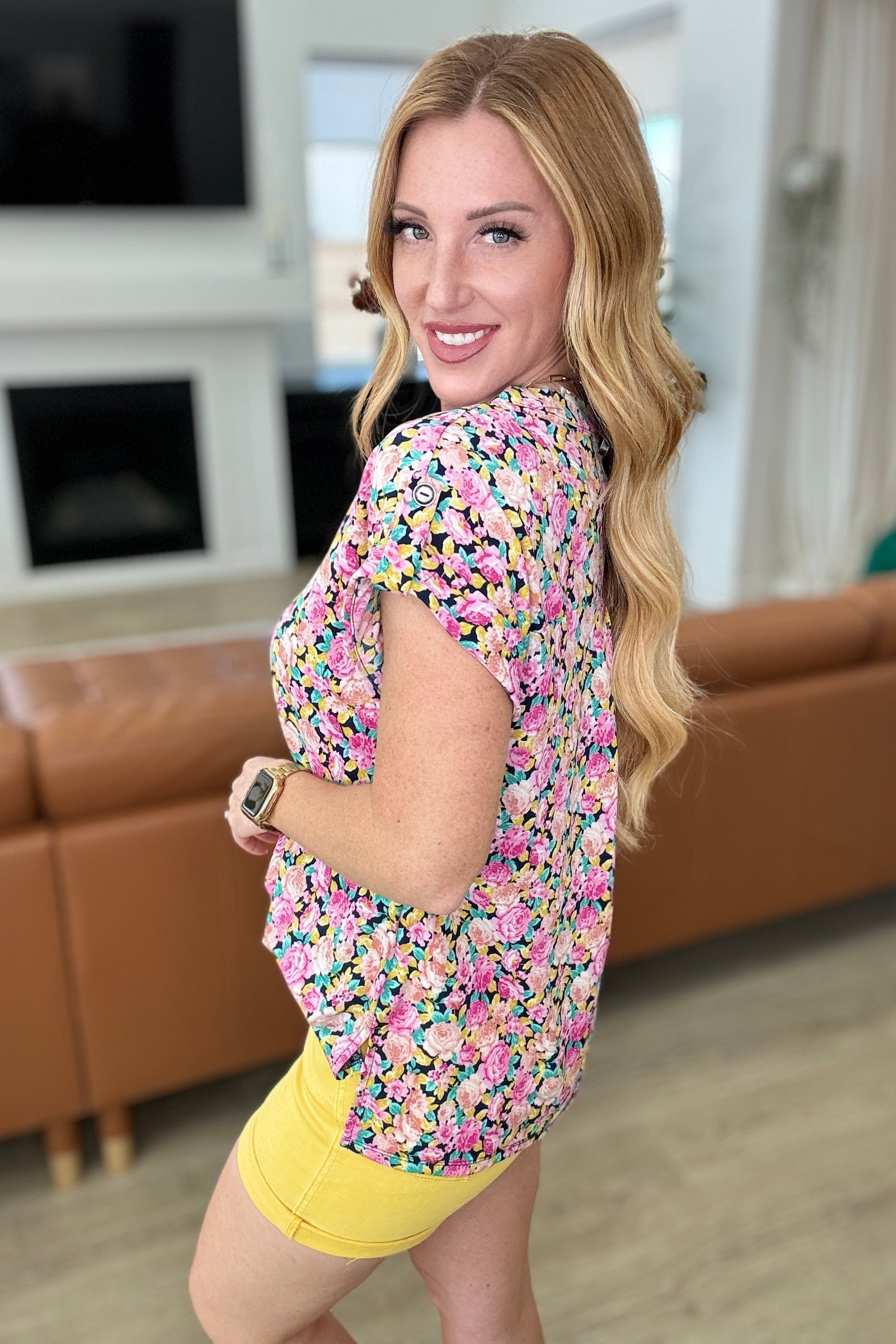 Lizzy Cap Sleeve Top in Navy and Rose Ditsy Floral-Tops-Stay Foxy Boutique, Florissant, Missouri