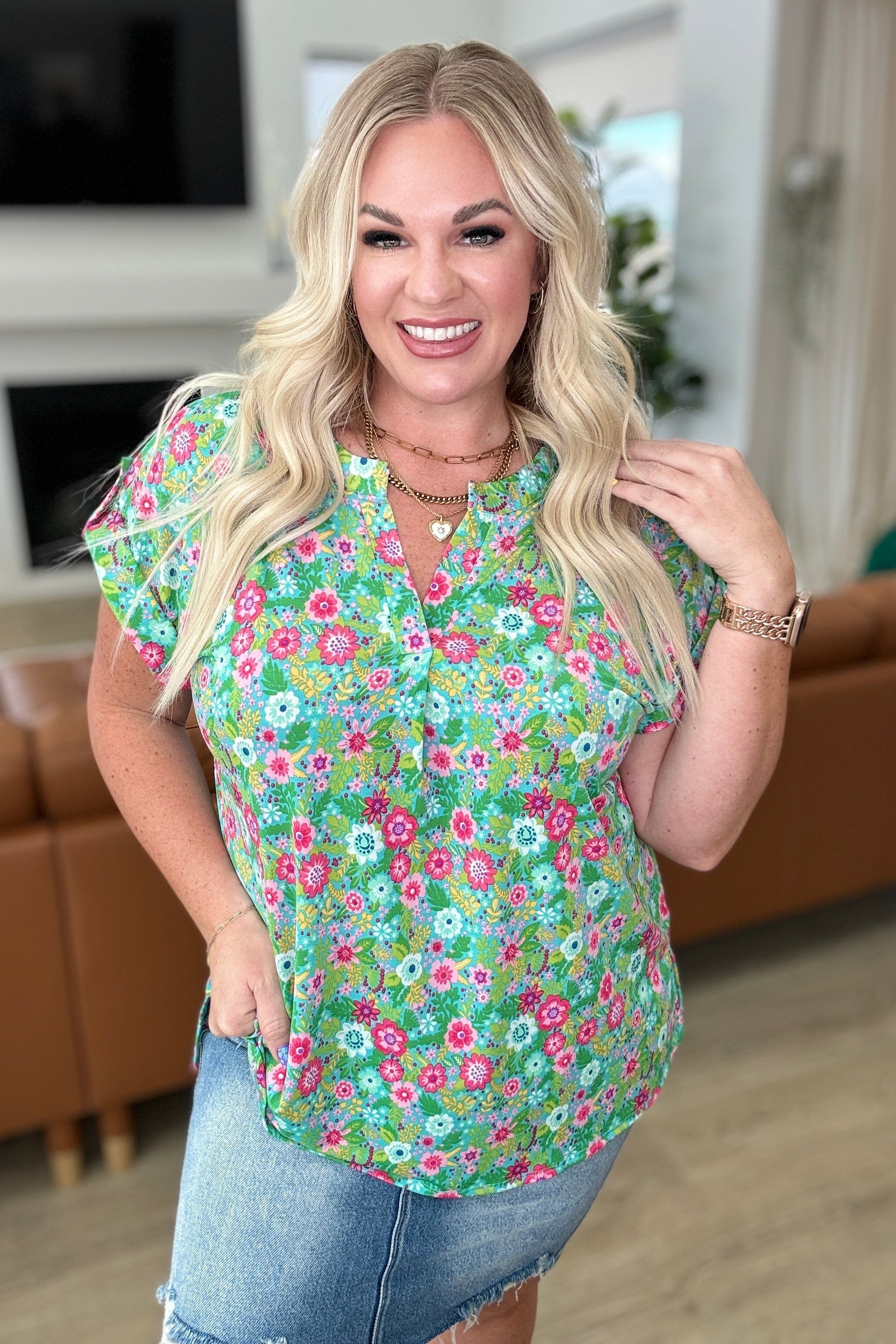 Lizzy Cap Sleeve Top in Emerald Spring Floral-Tops-Stay Foxy Boutique, Florissant, Missouri