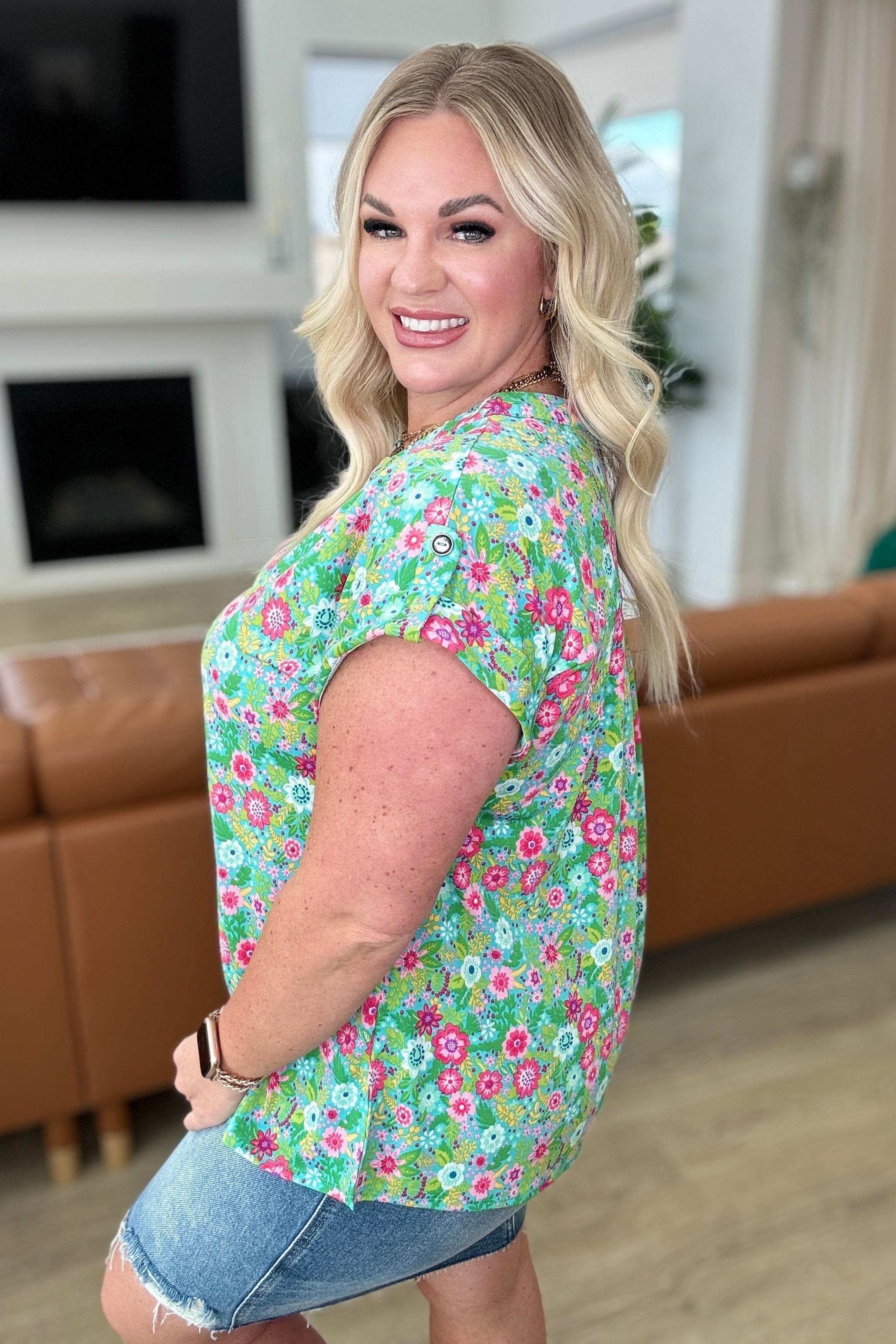 Lizzy Cap Sleeve Top in Emerald Spring Floral-Tops-Stay Foxy Boutique, Florissant, Missouri