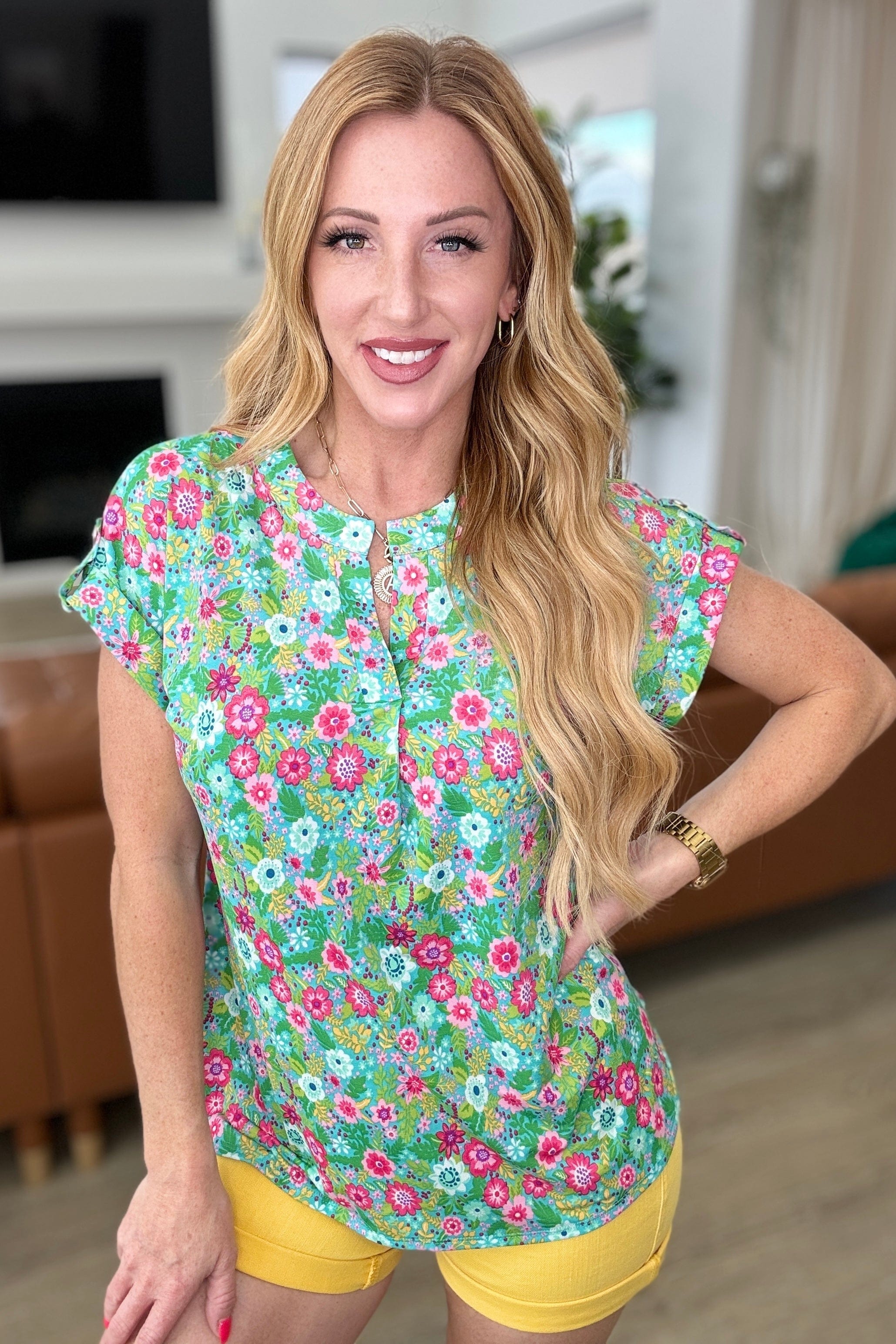 Lizzy Cap Sleeve Top in Emerald Spring Floral-Tops-Stay Foxy Boutique, Florissant, Missouri