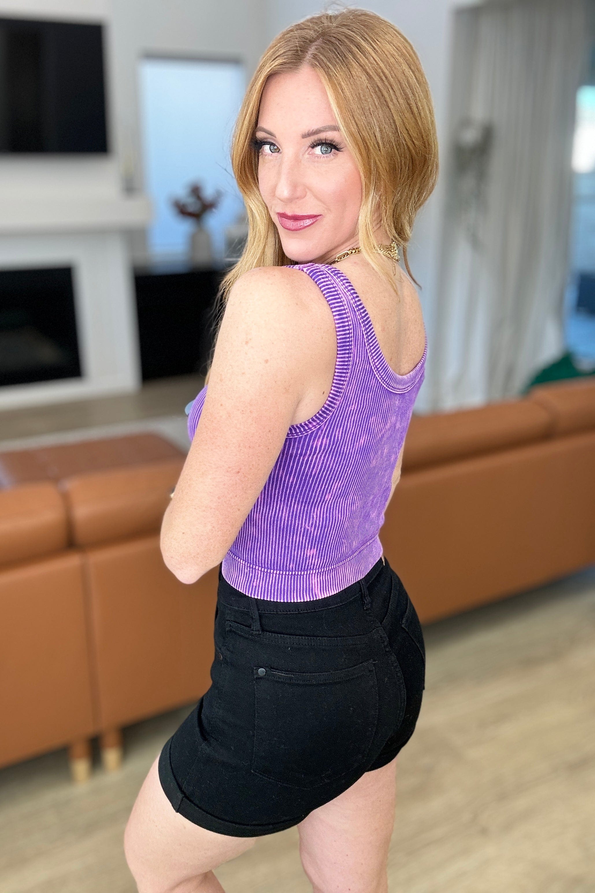 Stone Washed Ribbed Seamless Top In Purple-Athleisure-Stay Foxy Boutique, Florissant, Missouri