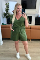 Short Sleeve V-Neck Romper in Army Green-Jumpsuits & Rompers-Stay Foxy Boutique, Florissant, Missouri