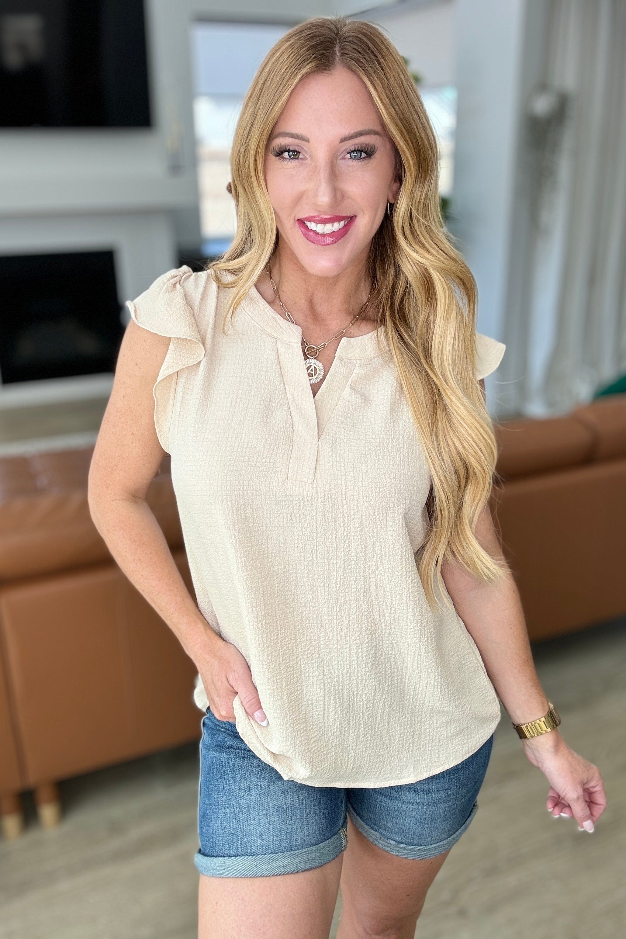 Crinkle Split Neckline Flutter Sleeve Top in Taupe-Tops-Stay Foxy Boutique, Florissant, Missouri