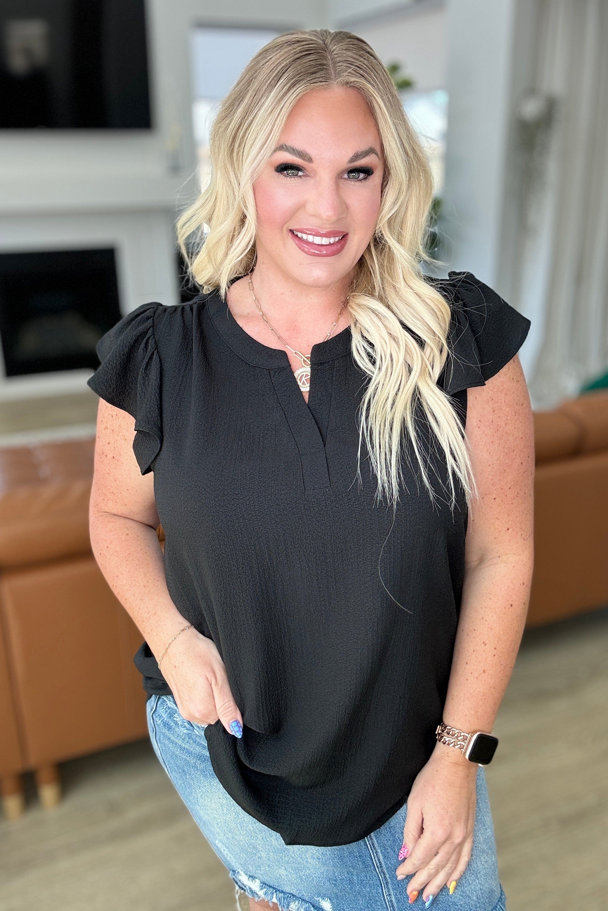 Crinkle Split Neckline Flutter Sleeve Top In Black-Tops-Stay Foxy Boutique, Florissant, Missouri