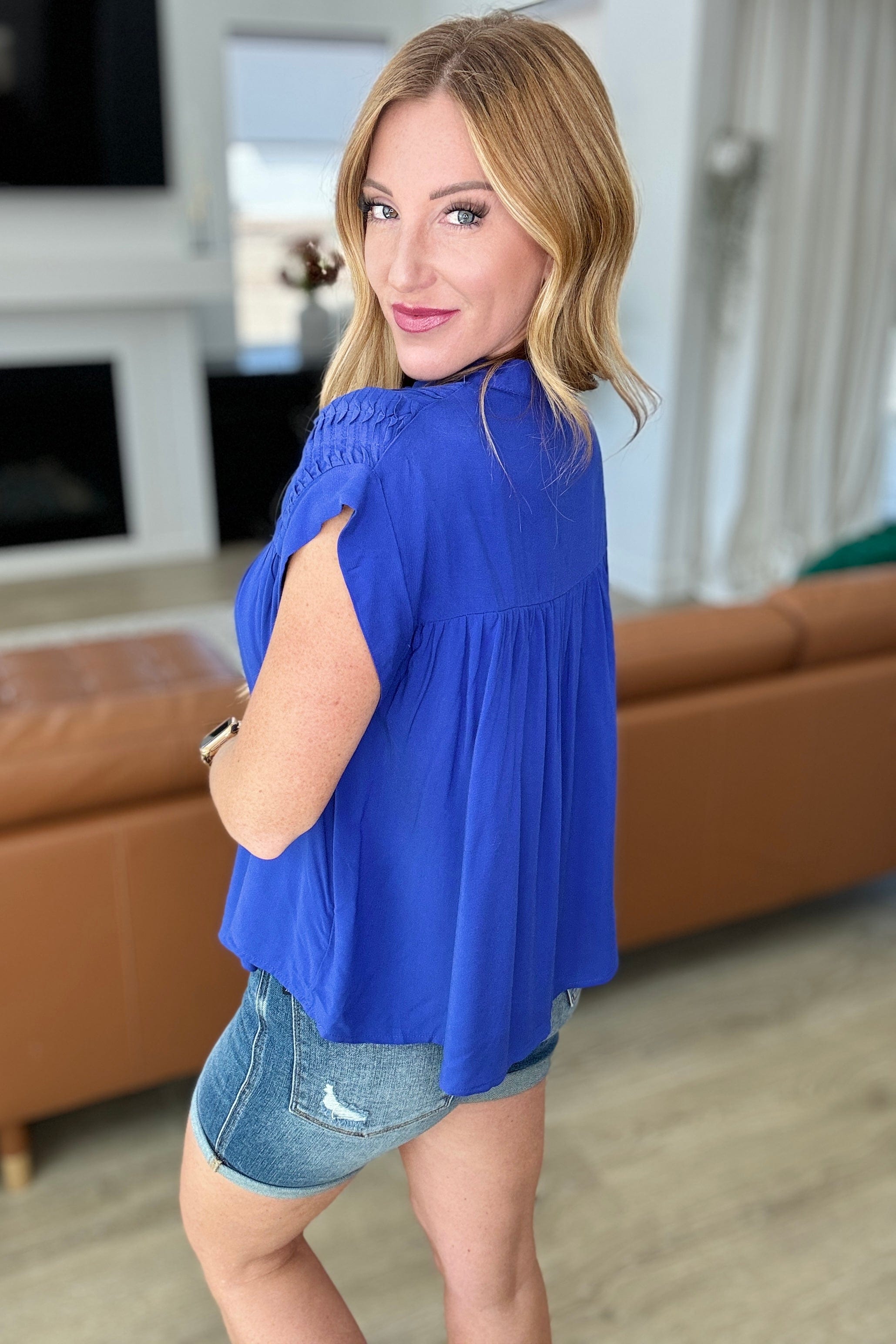 Pleat Detail Button Up Blouse in Royal Blue-Tops-Stay Foxy Boutique, Florissant, Missouri