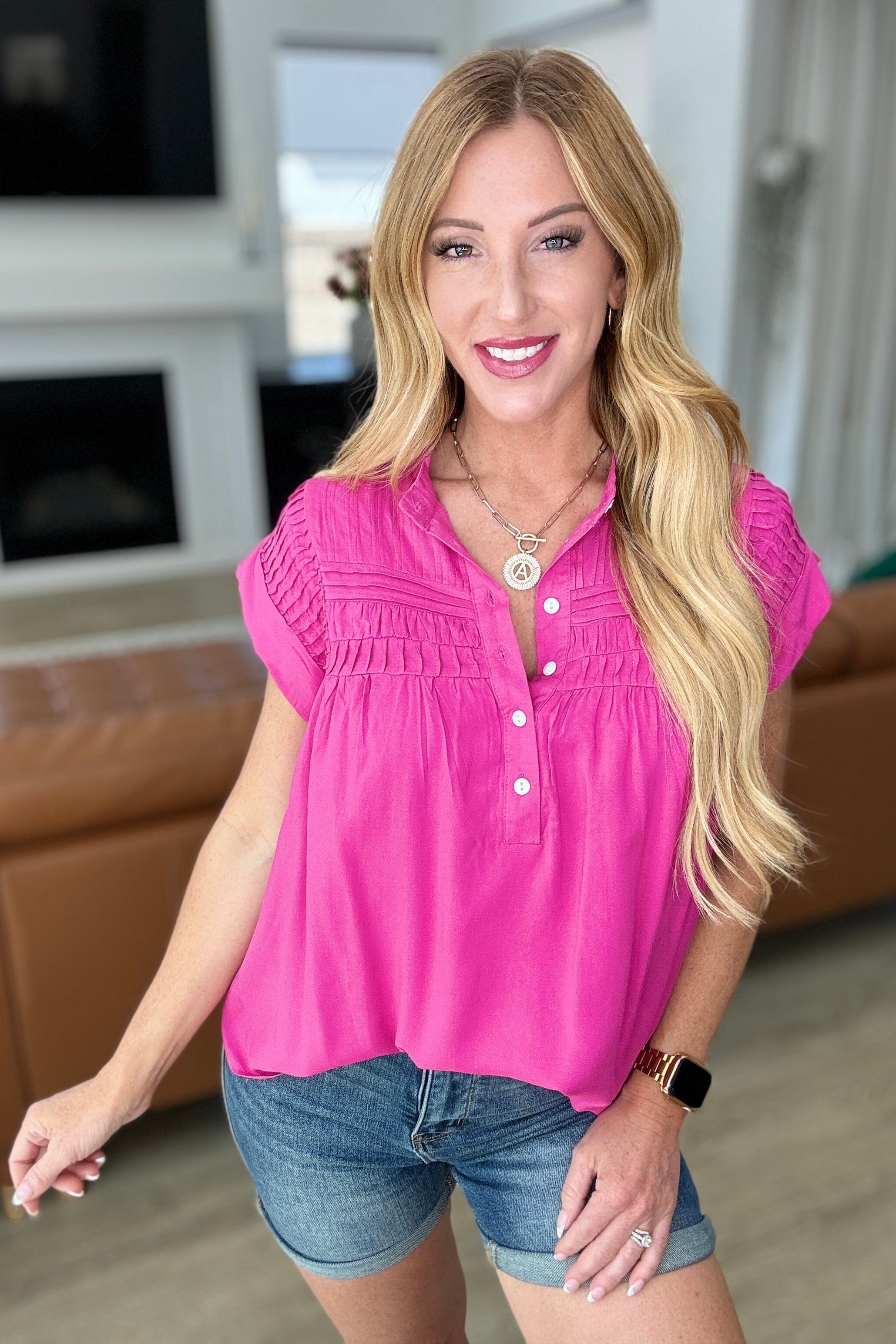 Pleat Detail Button Up Blouse in Hot Pink-Tops-Stay Foxy Boutique, Florissant, Missouri