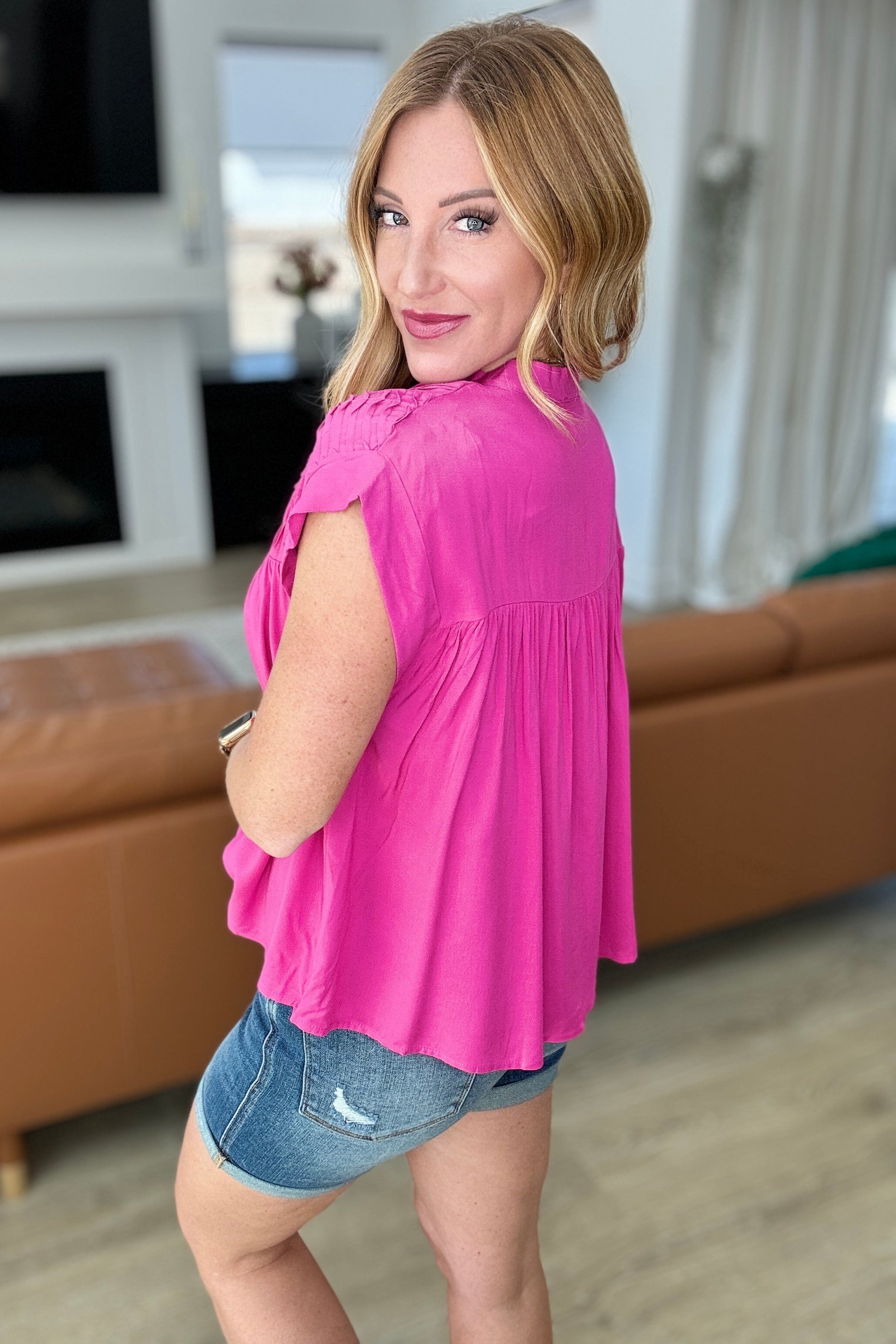 Pleat Detail Button Up Blouse in Hot Pink-Tops-Stay Foxy Boutique, Florissant, Missouri