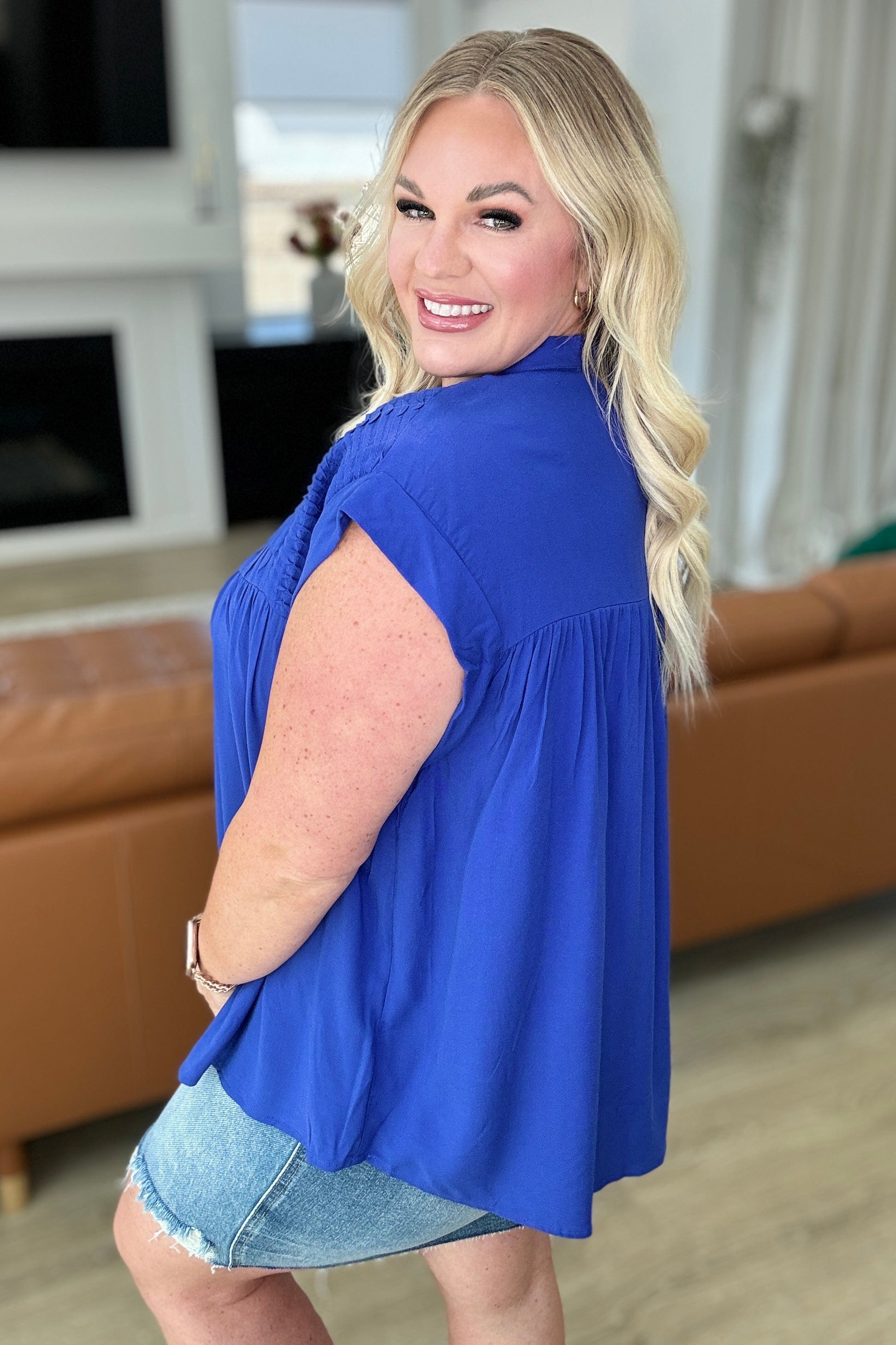 Pleat Detail Button Up Blouse in Royal Blue-Tops-Stay Foxy Boutique, Florissant, Missouri