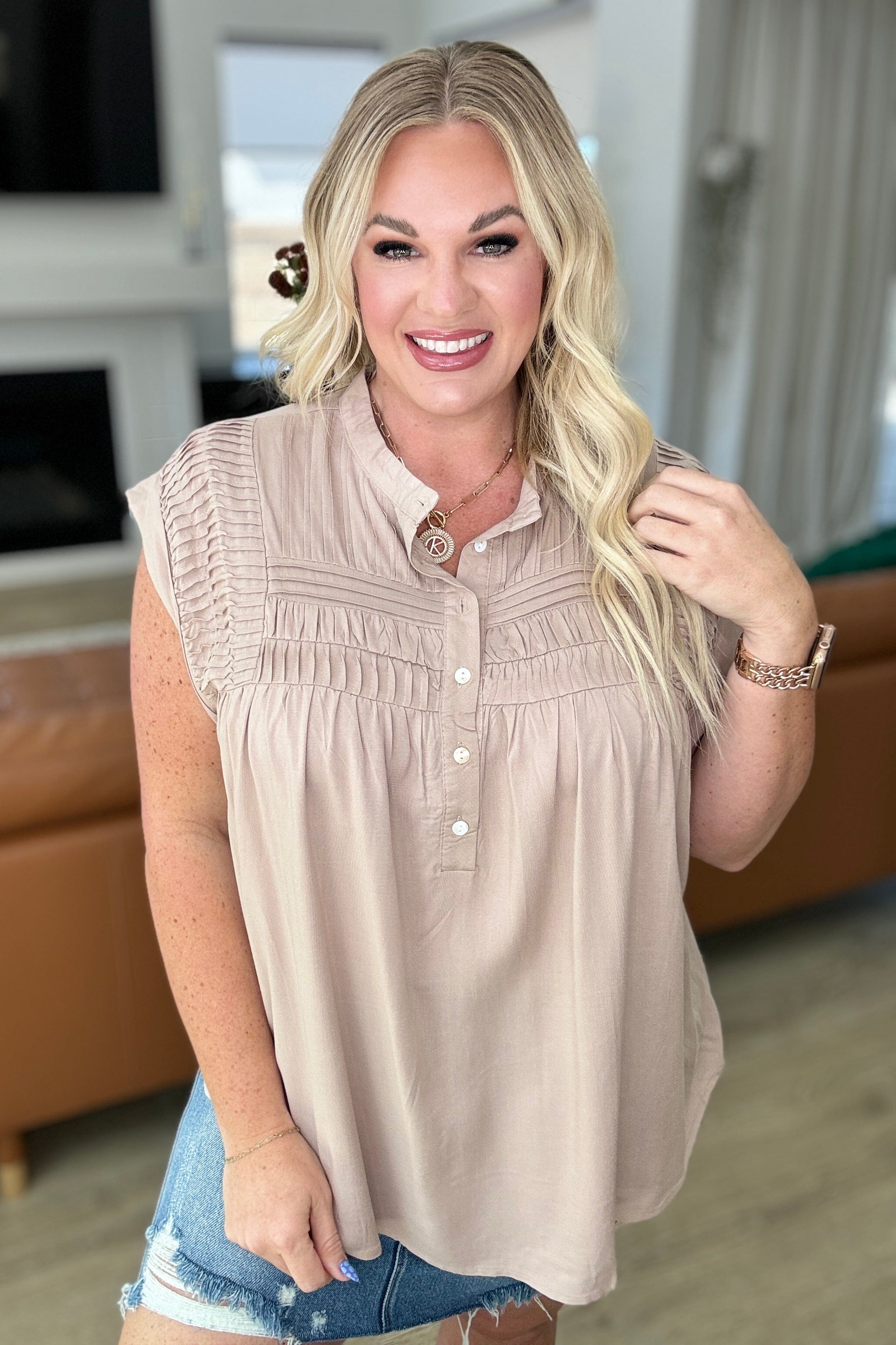 Pleat Detail Button Up Blouse in Taupe-Tops-Stay Foxy Boutique, Florissant, Missouri