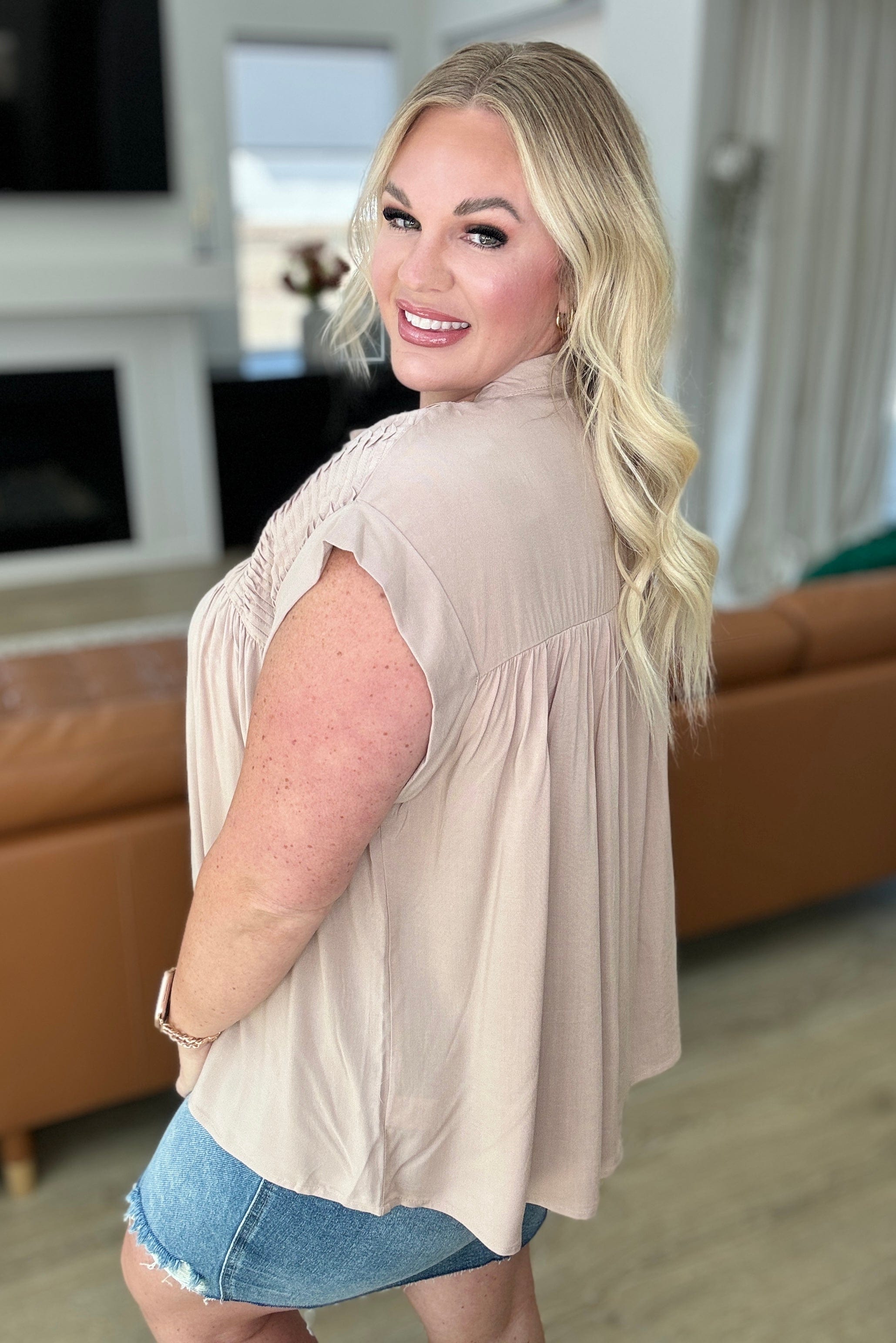 Pleat Detail Button Up Blouse in Taupe-Tops-Stay Foxy Boutique, Florissant, Missouri