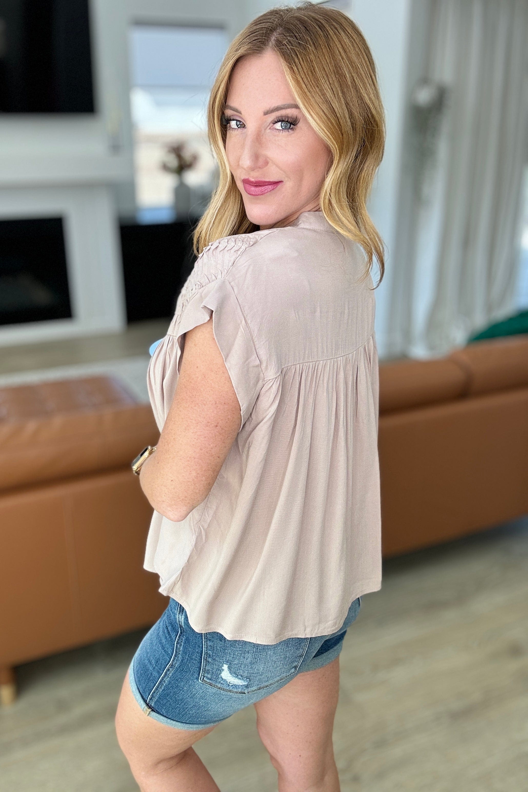 Pleat Detail Button Up Blouse in Taupe-Tops-Stay Foxy Boutique, Florissant, Missouri
