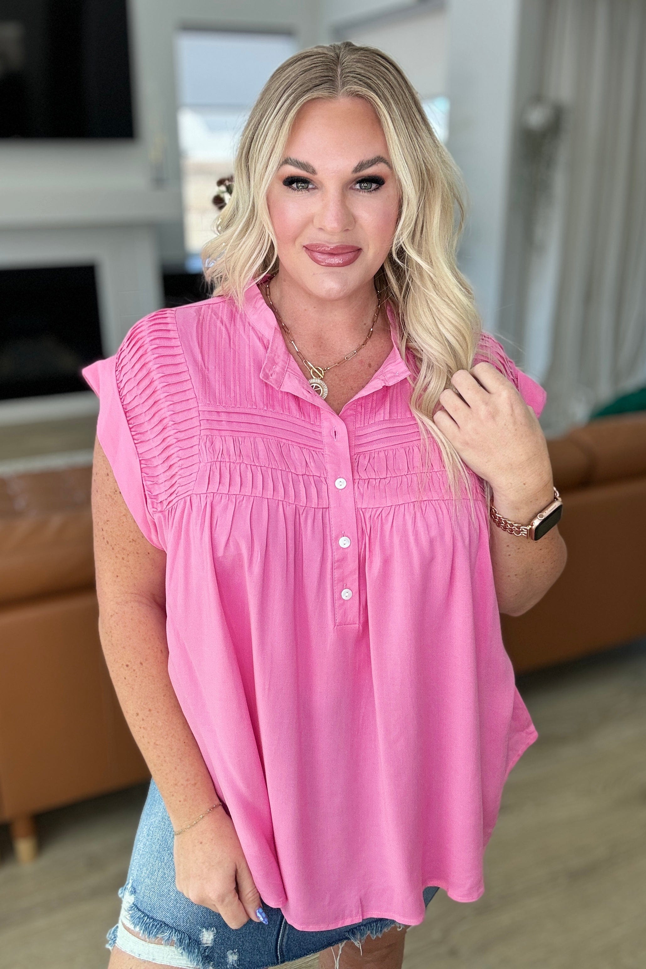 Pleat Detail Button Up Blouse in Pink Cosmos-Tops-Stay Foxy Boutique, Florissant, Missouri