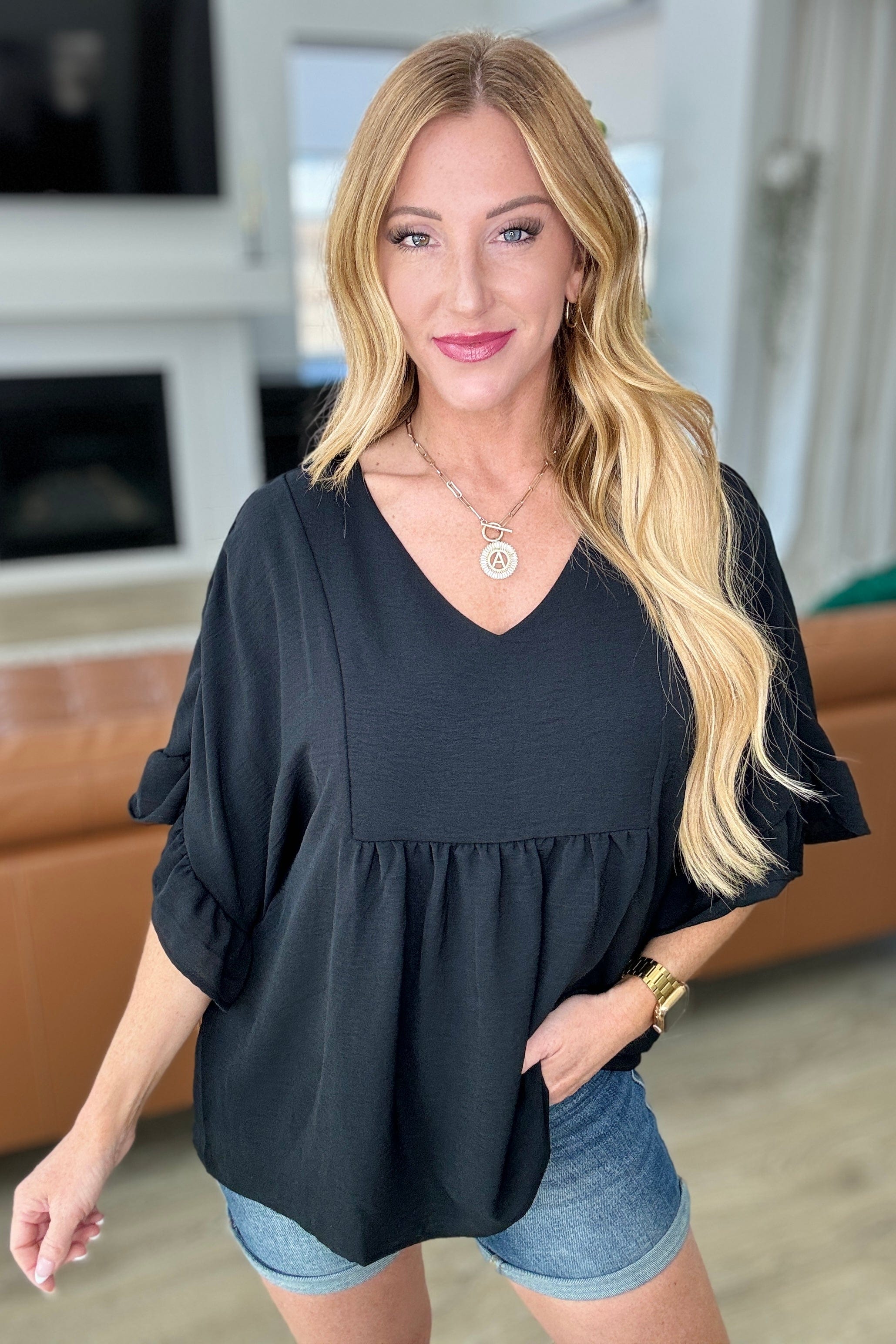 Airflow Peplum Ruffle Sleeve Top in Black-Tops-Stay Foxy Boutique, Florissant, Missouri