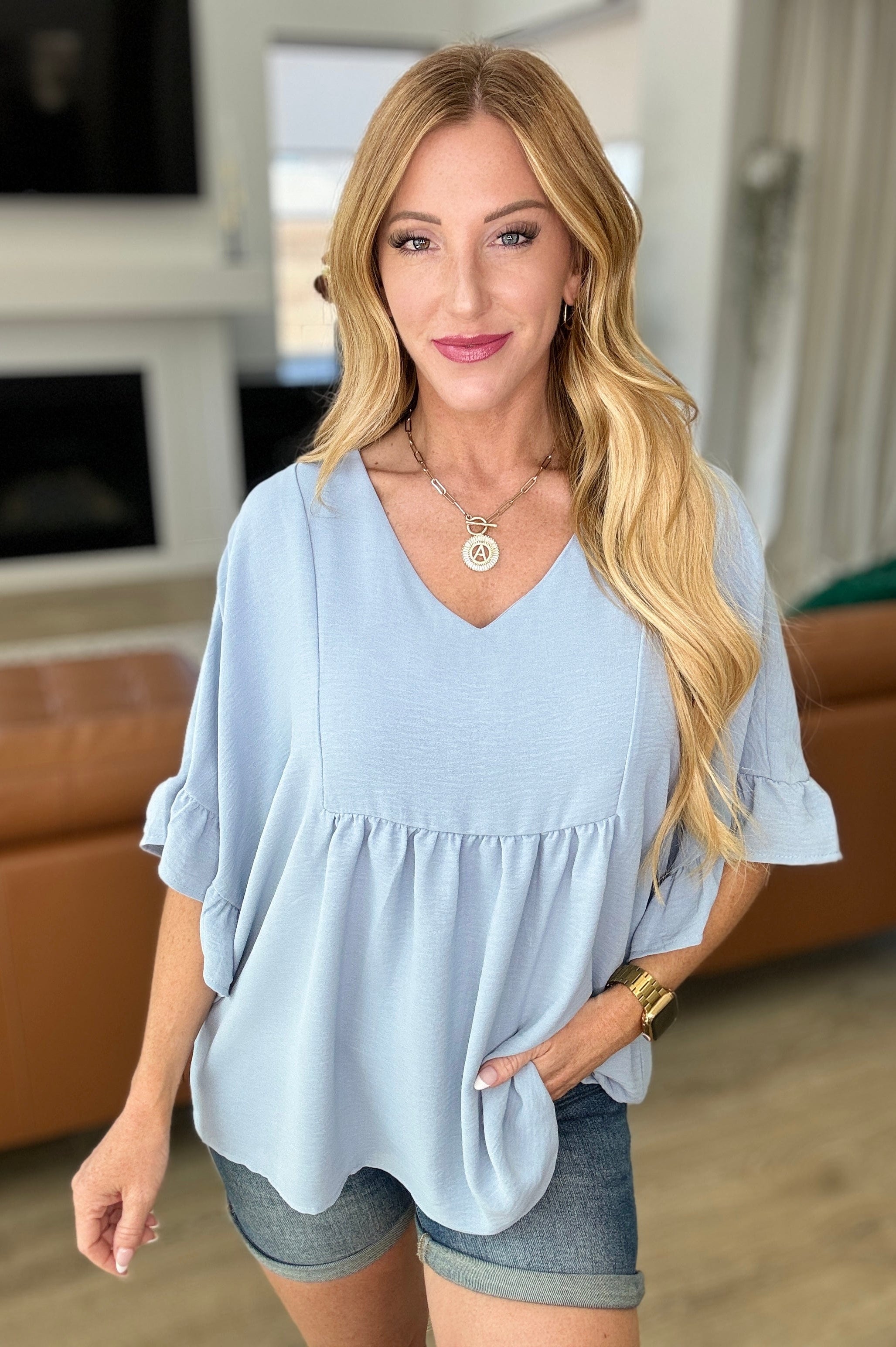 Airflow Peplum Ruffle Sleeve Top in Chambray-Tops-Stay Foxy Boutique, Florissant, Missouri
