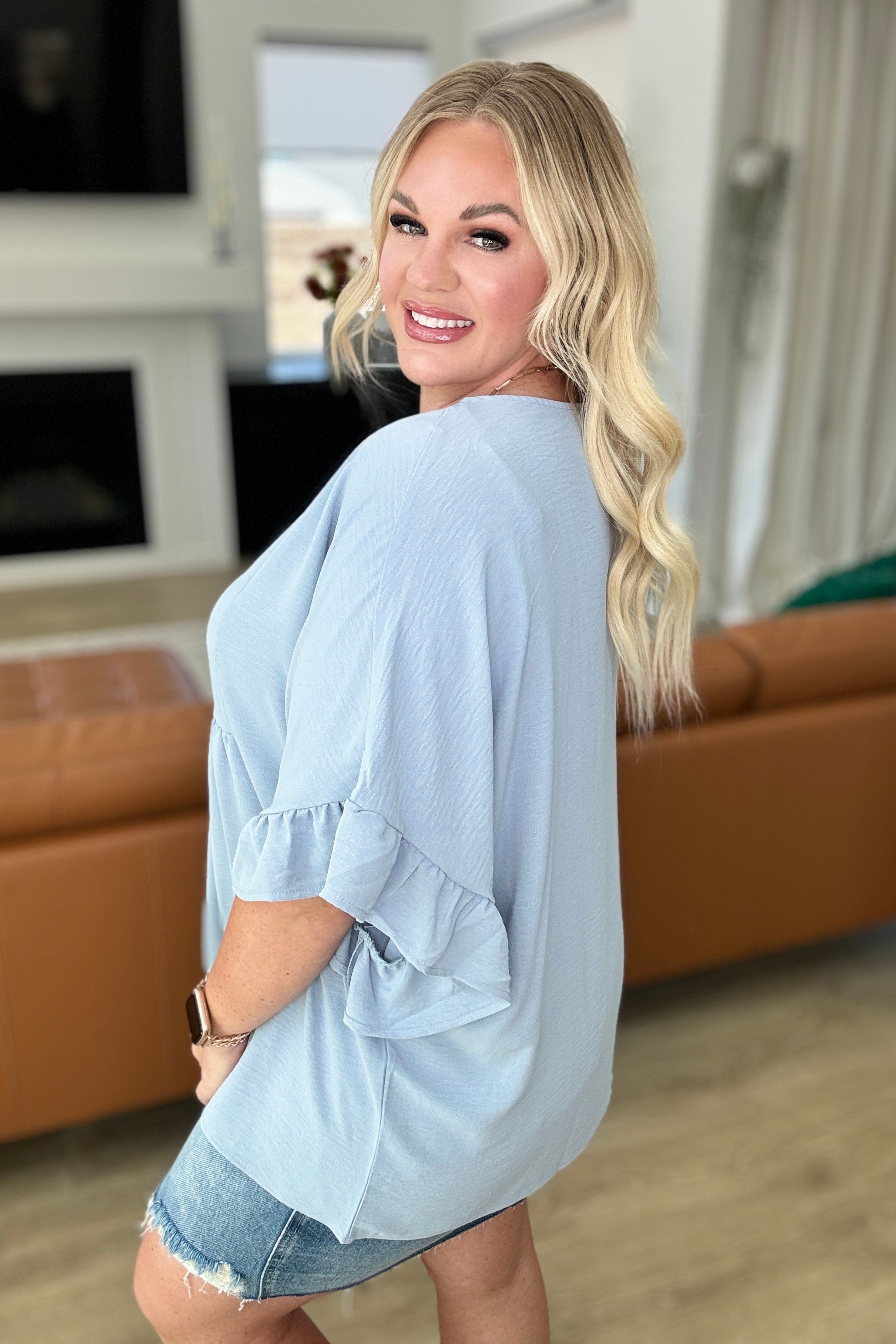 Airflow Peplum Ruffle Sleeve Top in Chambray-Tops-Stay Foxy Boutique, Florissant, Missouri
