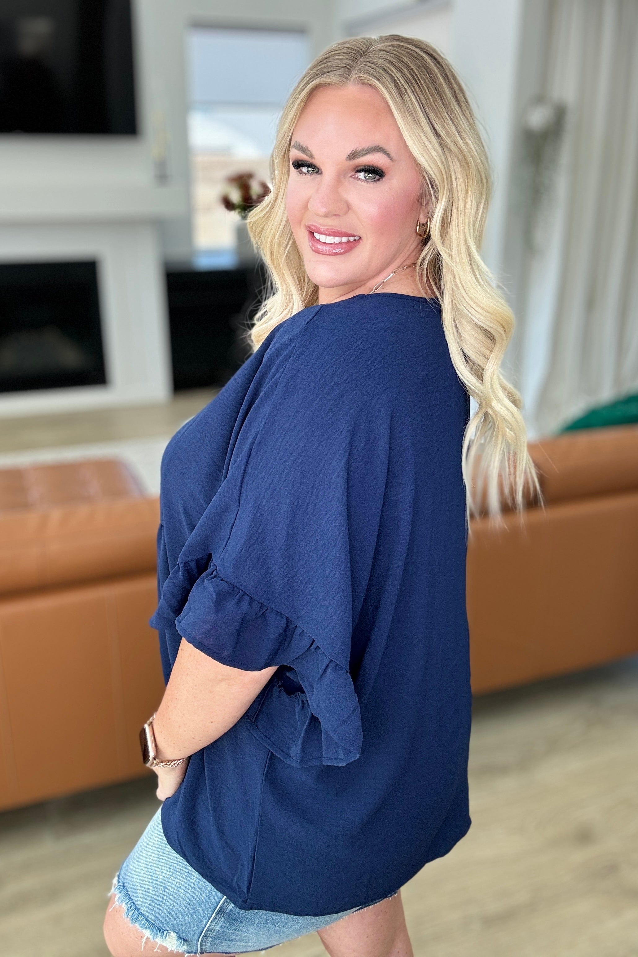 Airflow Peplum Ruffle Sleeve Top in Navy-Tops-Stay Foxy Boutique, Florissant, Missouri