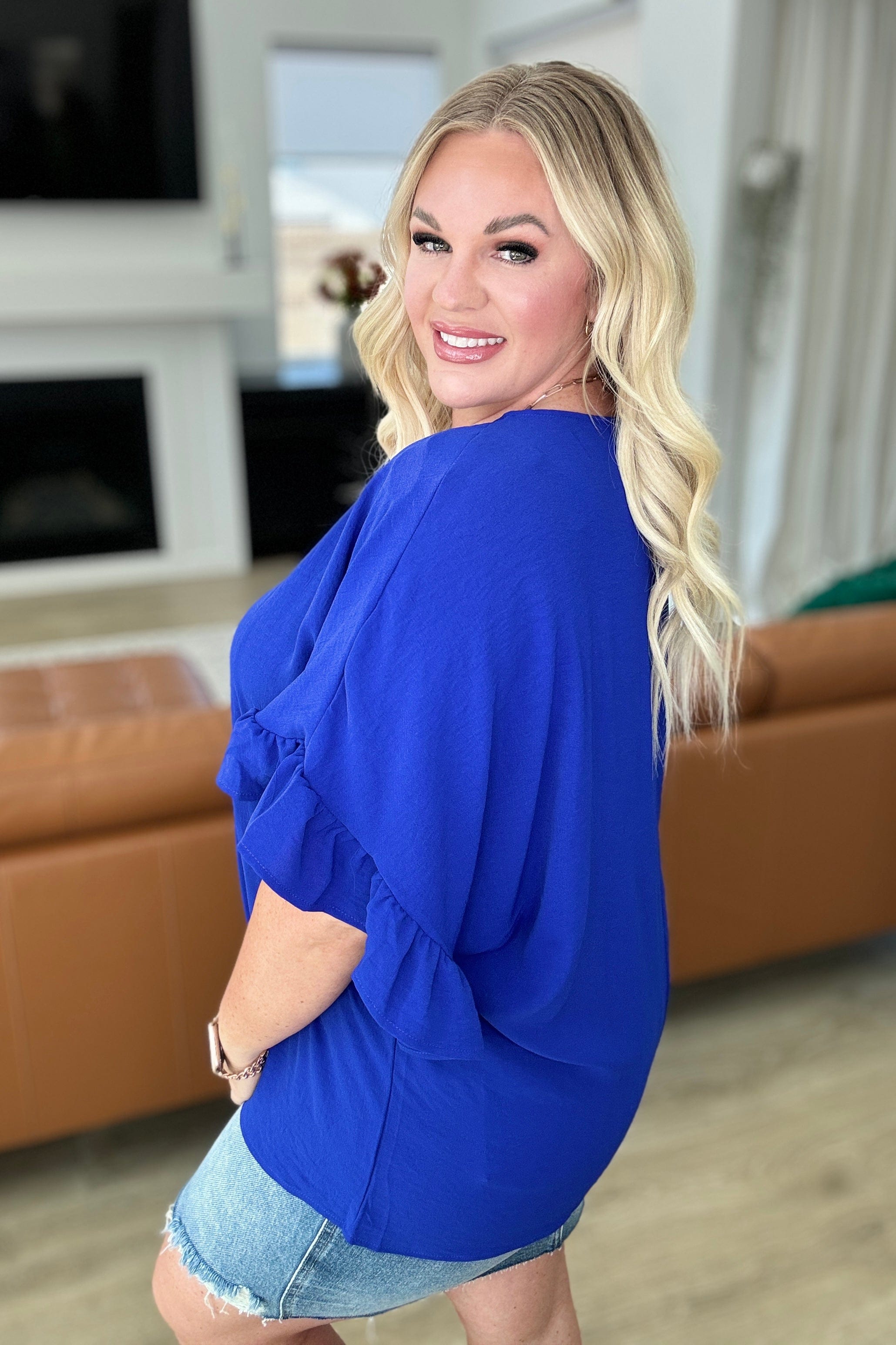 Airflow Peplum Ruffle Sleeve Top in Royal Blue-Tops-Stay Foxy Boutique, Florissant, Missouri