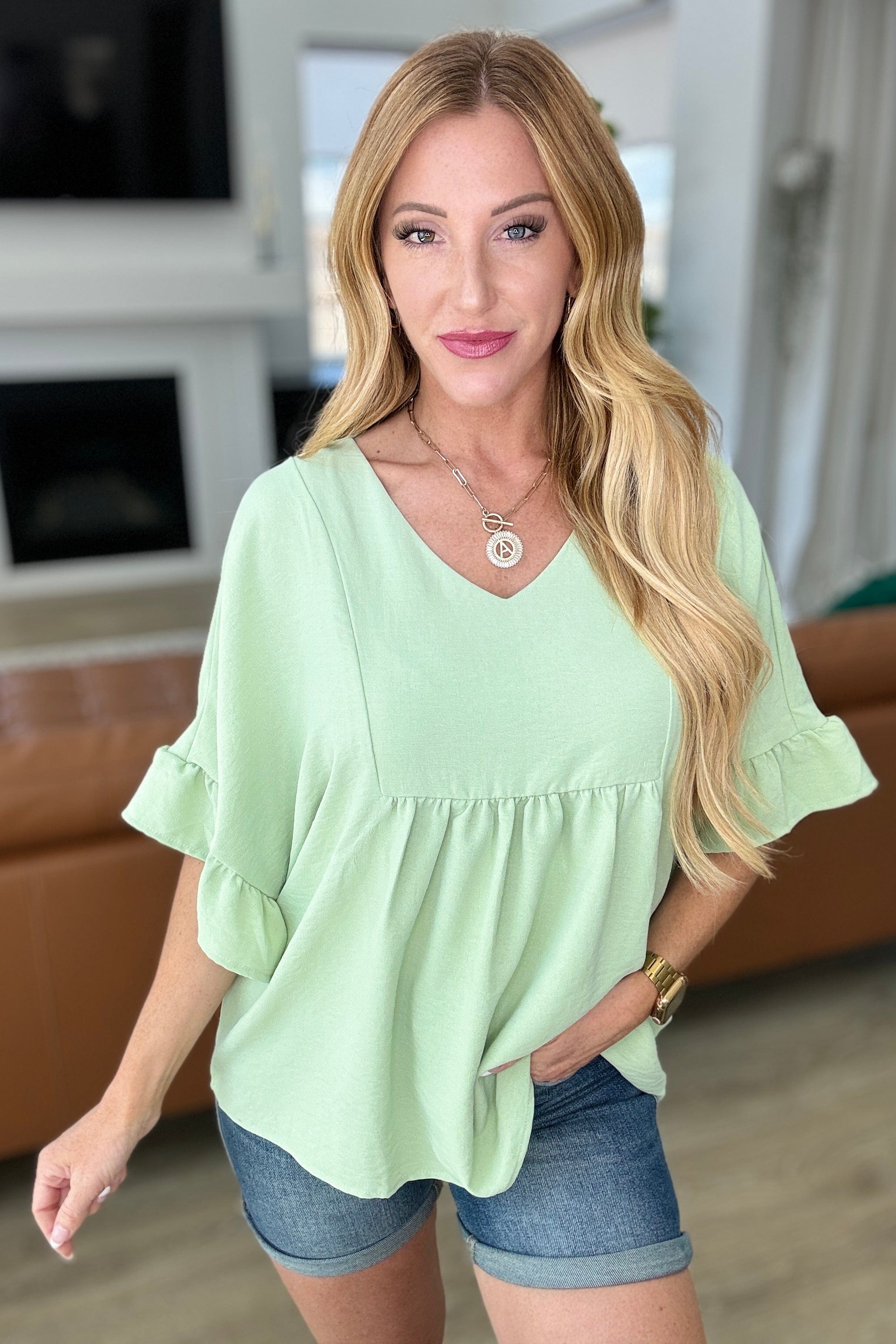 Airflow Peplum Ruffle Sleeve Top in Sage-Tops-Stay Foxy Boutique, Florissant, Missouri