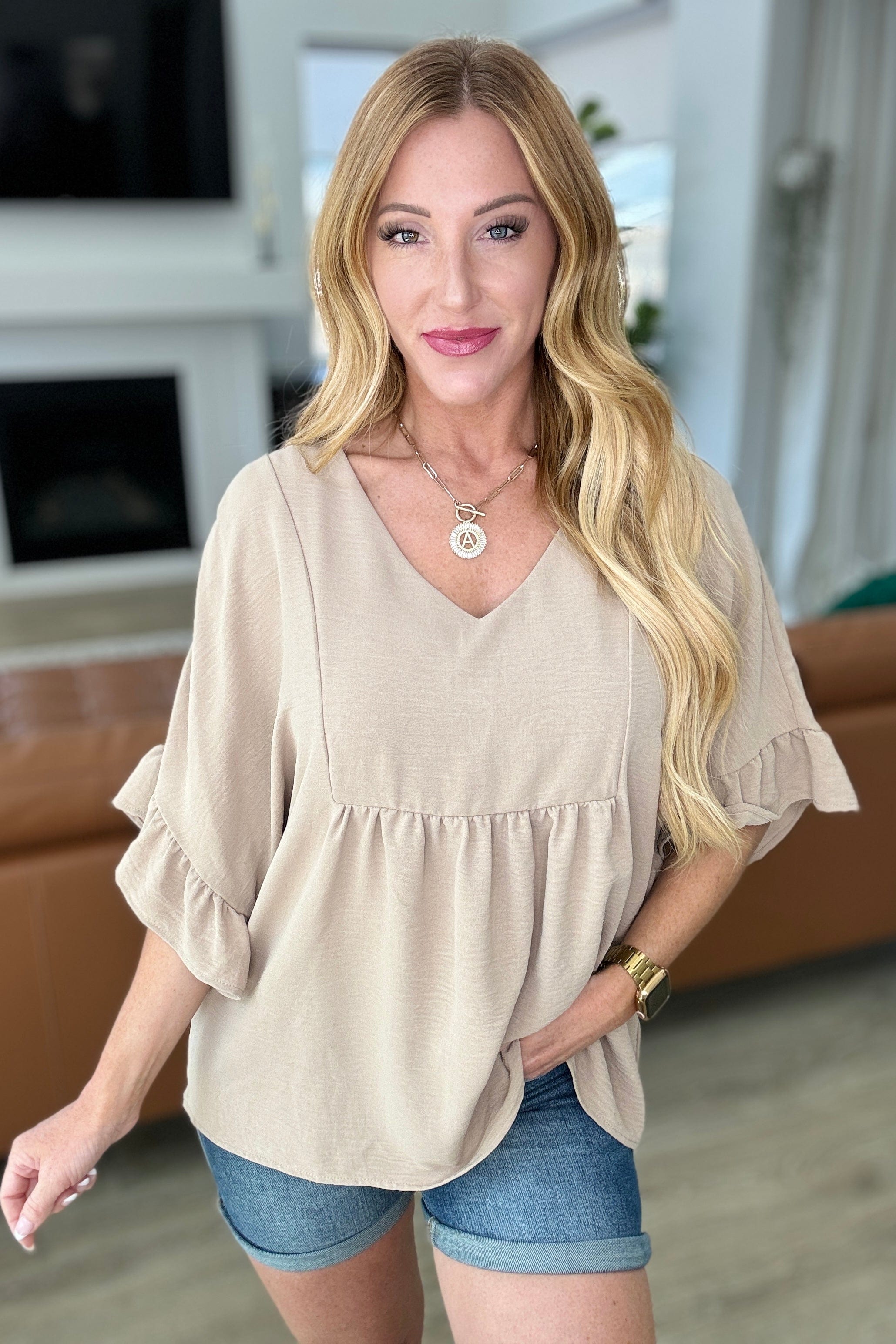 Airflow Peplum Ruffle Sleeve Top in Taupe-Tops-Stay Foxy Boutique, Florissant, Missouri