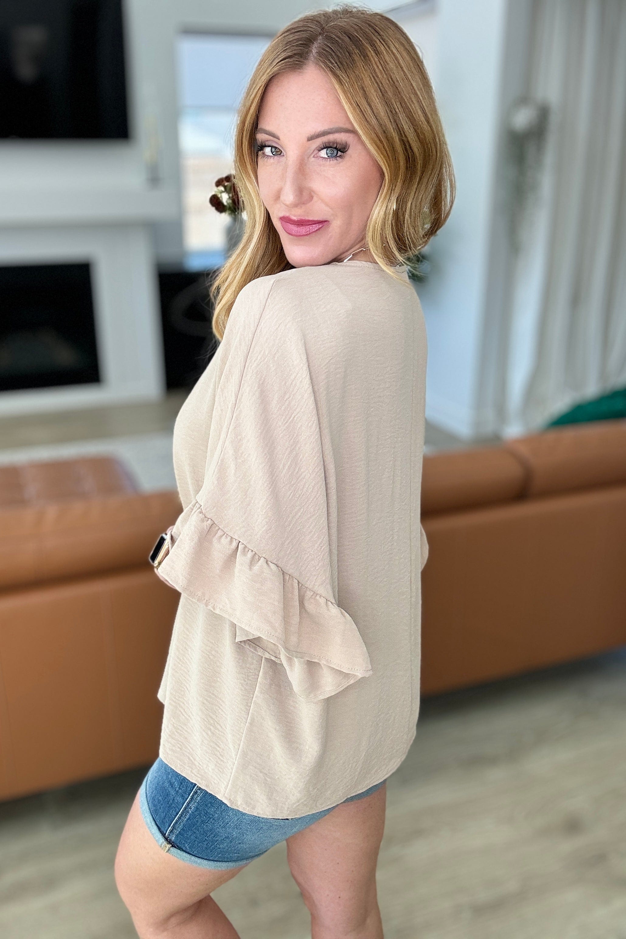 Airflow Peplum Ruffle Sleeve Top in Taupe-Tops-Stay Foxy Boutique, Florissant, Missouri
