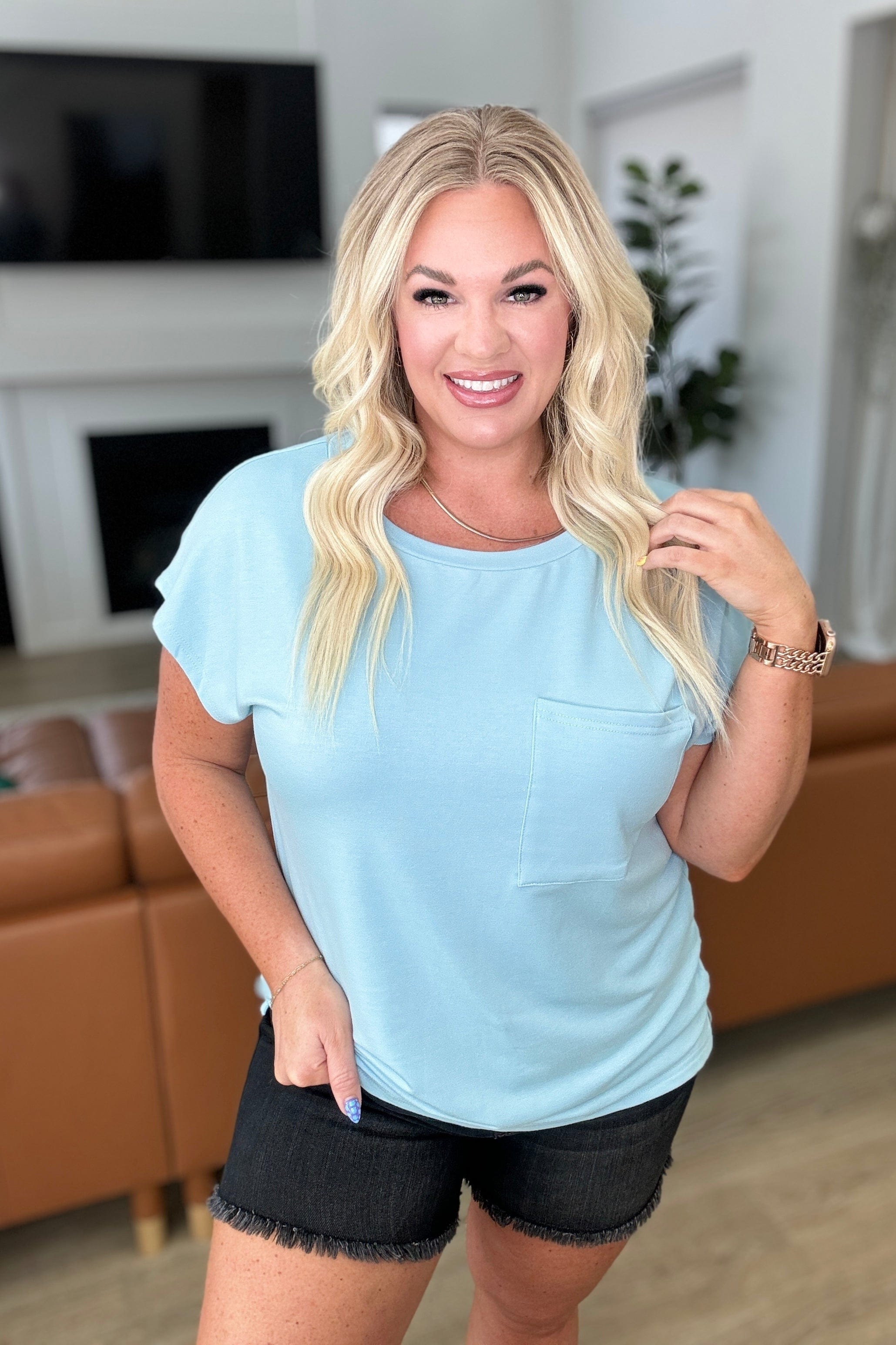 Not So Basic Pocket Tee in Blue-Tops-Stay Foxy Boutique, Florissant, Missouri