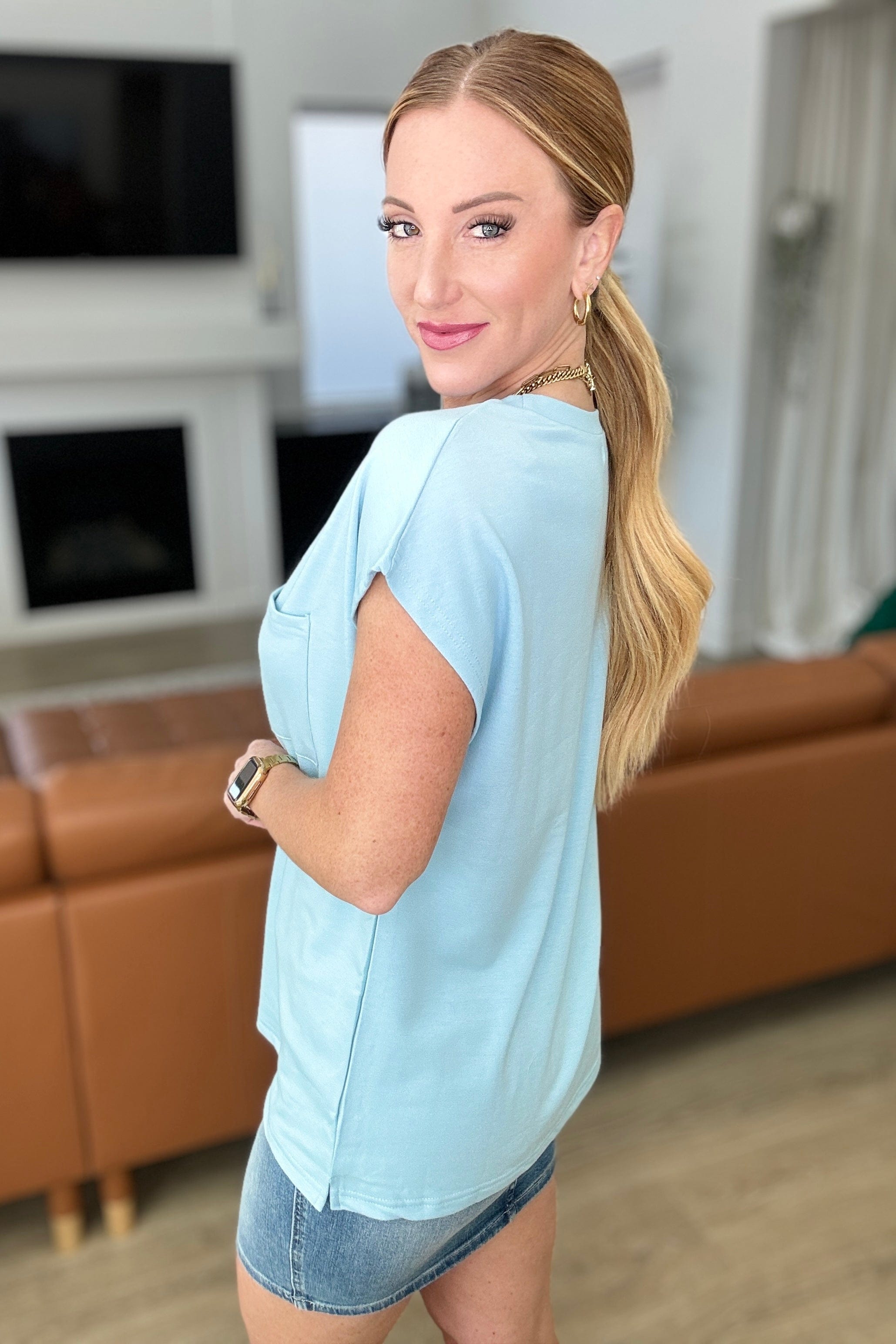 Not So Basic Pocket Tee in Blue-Tops-Stay Foxy Boutique, Florissant, Missouri