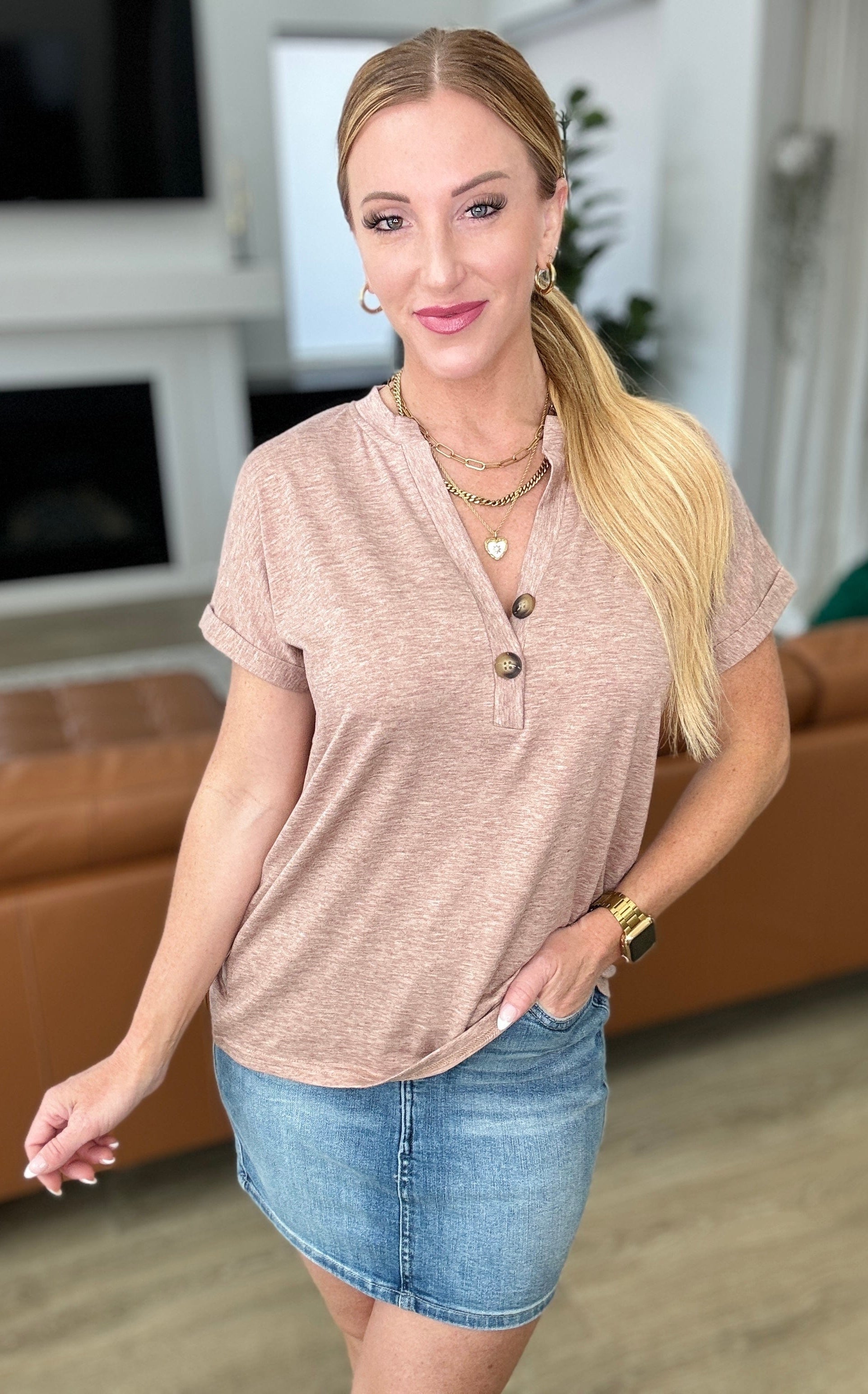 Almost There V-Neck Henley Top In Taupe-Tops-Stay Foxy Boutique, Florissant, Missouri