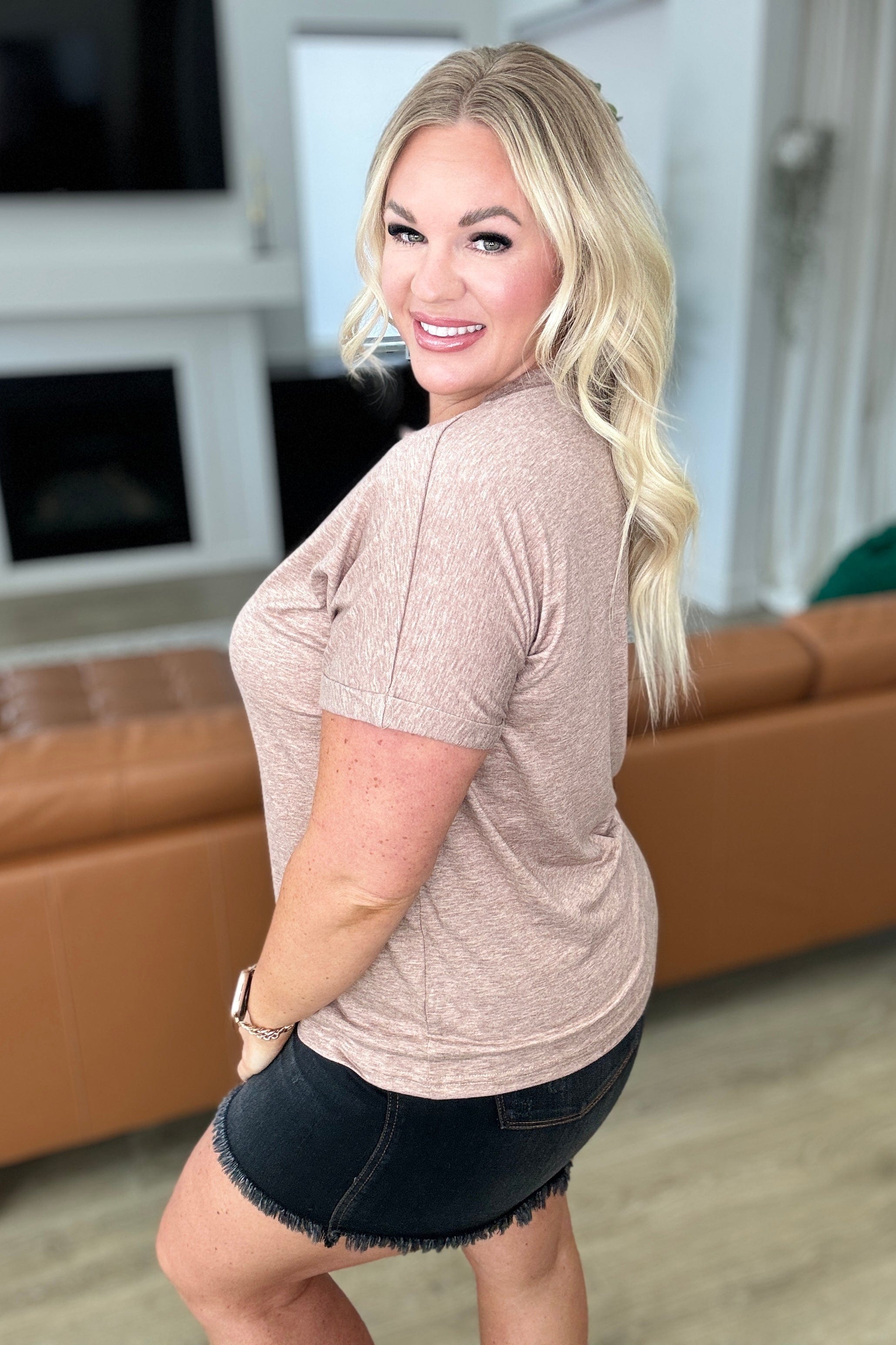 Almost There V-Neck Henley Top In Taupe-Tops-Stay Foxy Boutique, Florissant, Missouri