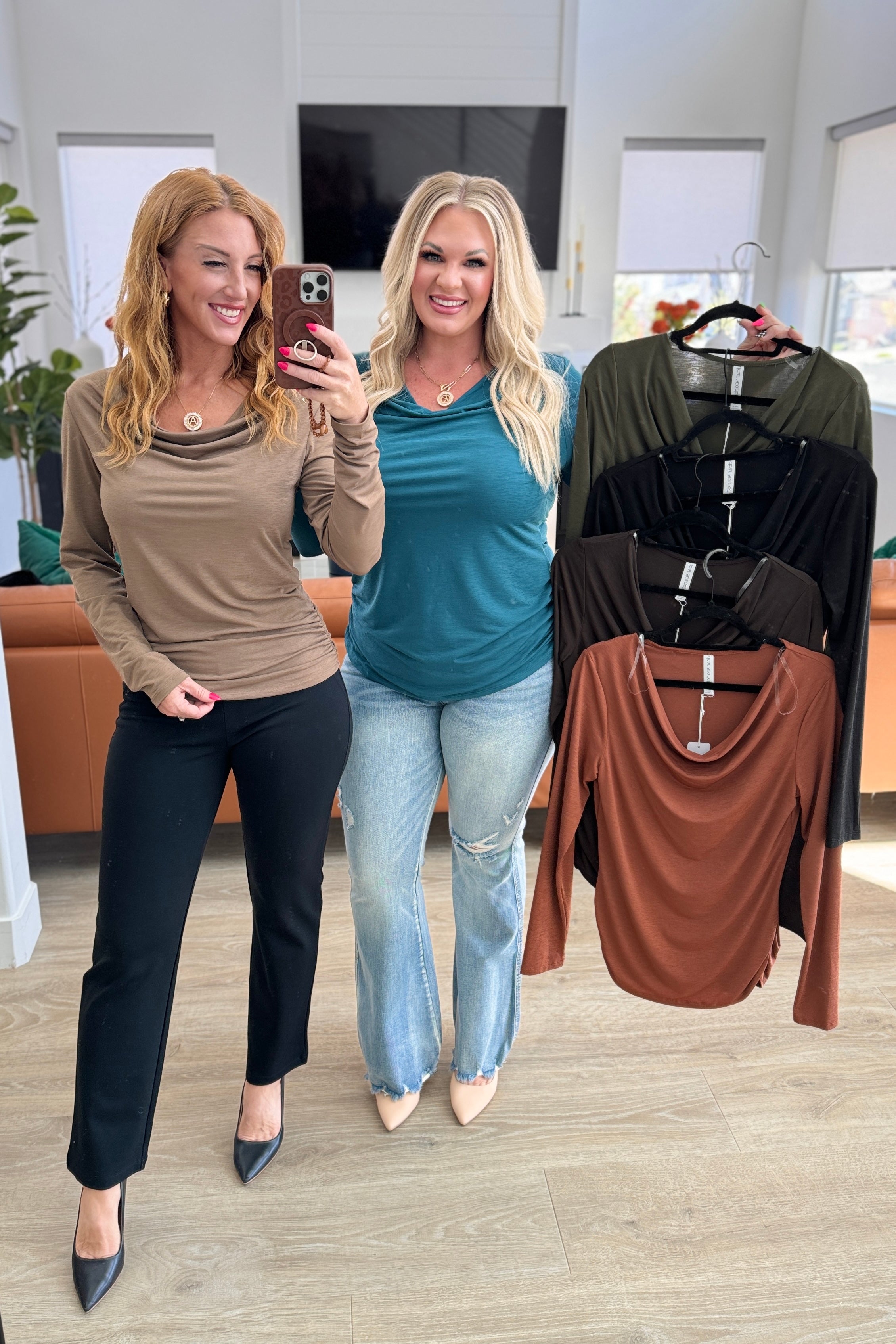 Ruched Cowl Neck Top in Chocolate-Tops-Stay Foxy Boutique, Florissant, Missouri