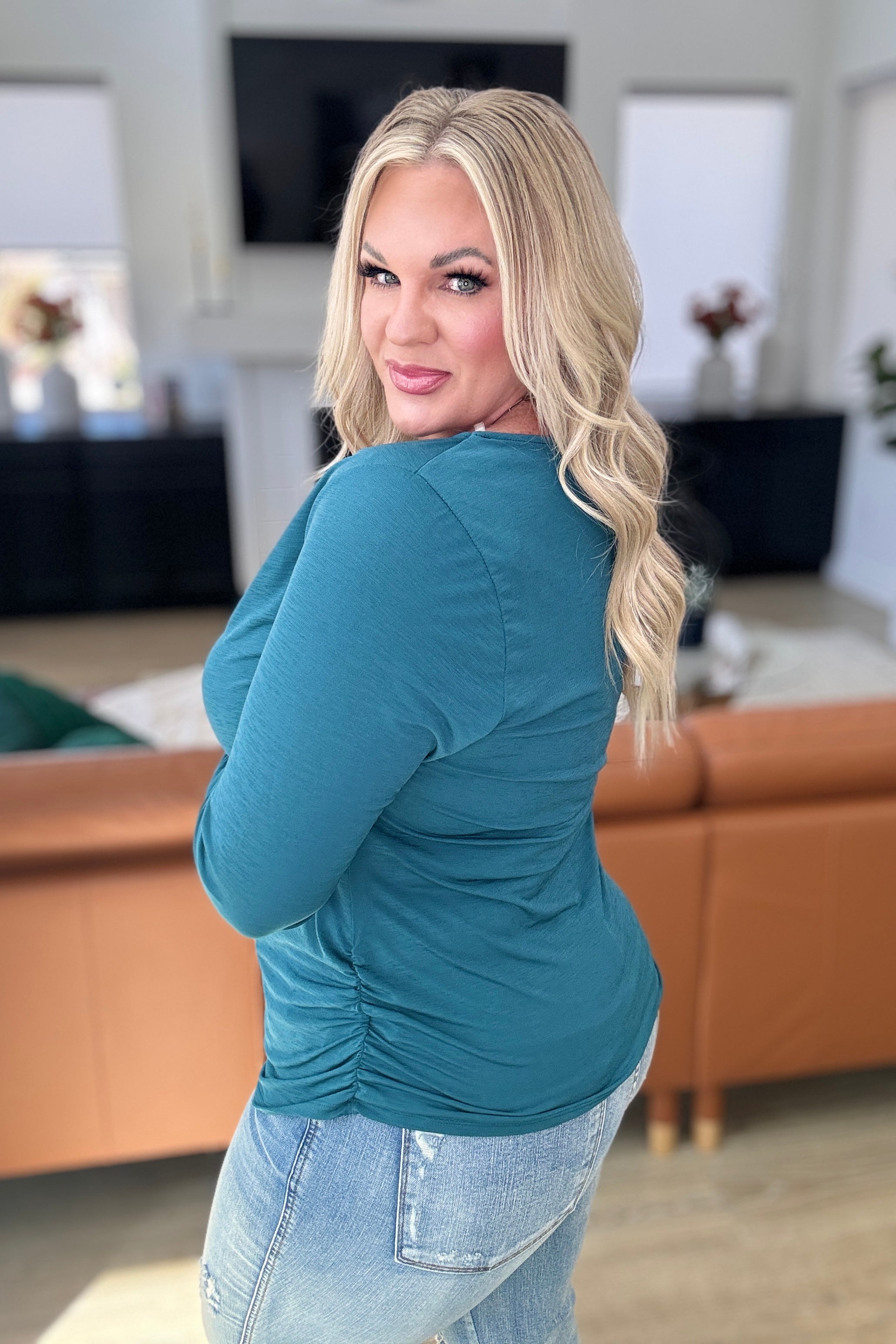 Ruched Cowl Neck Top in Dark Teal-Tops-Stay Foxy Boutique, Florissant, Missouri