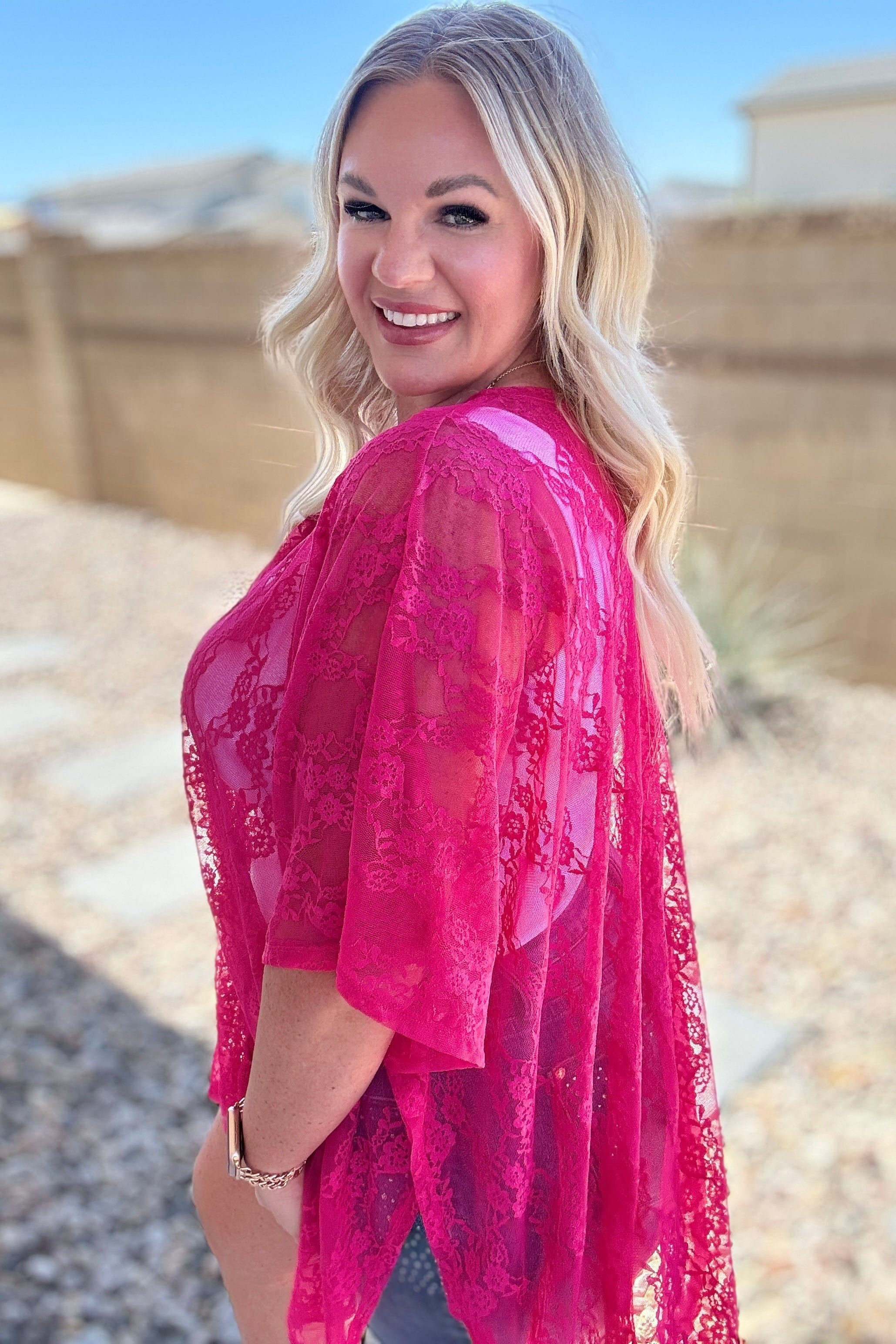 Good Days Ahead Lace Kimono In Fuchsia-Layers-Stay Foxy Boutique, Florissant, Missouri