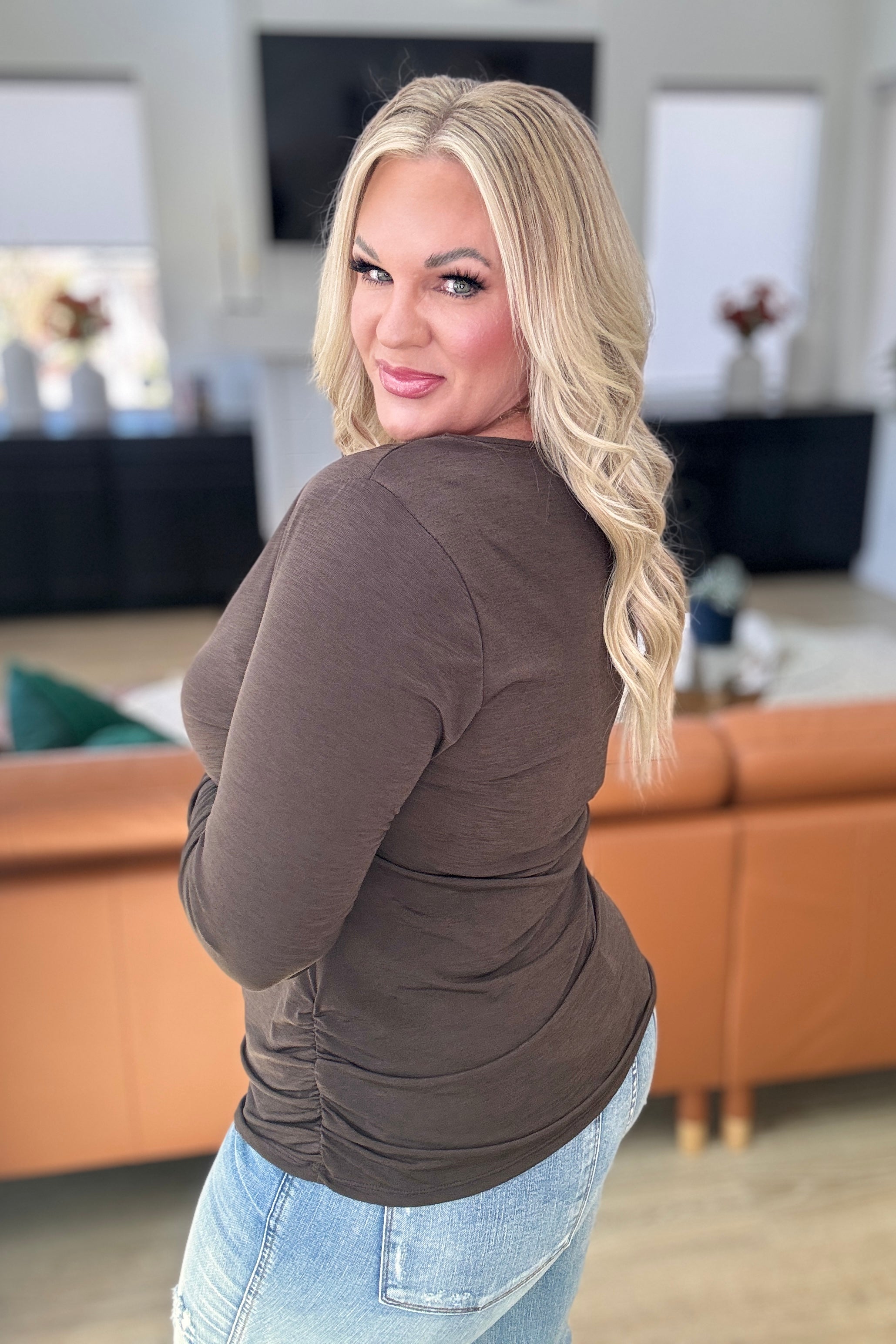 Ruched Cowl Neck Top in Chocolate-Tops-Stay Foxy Boutique, Florissant, Missouri