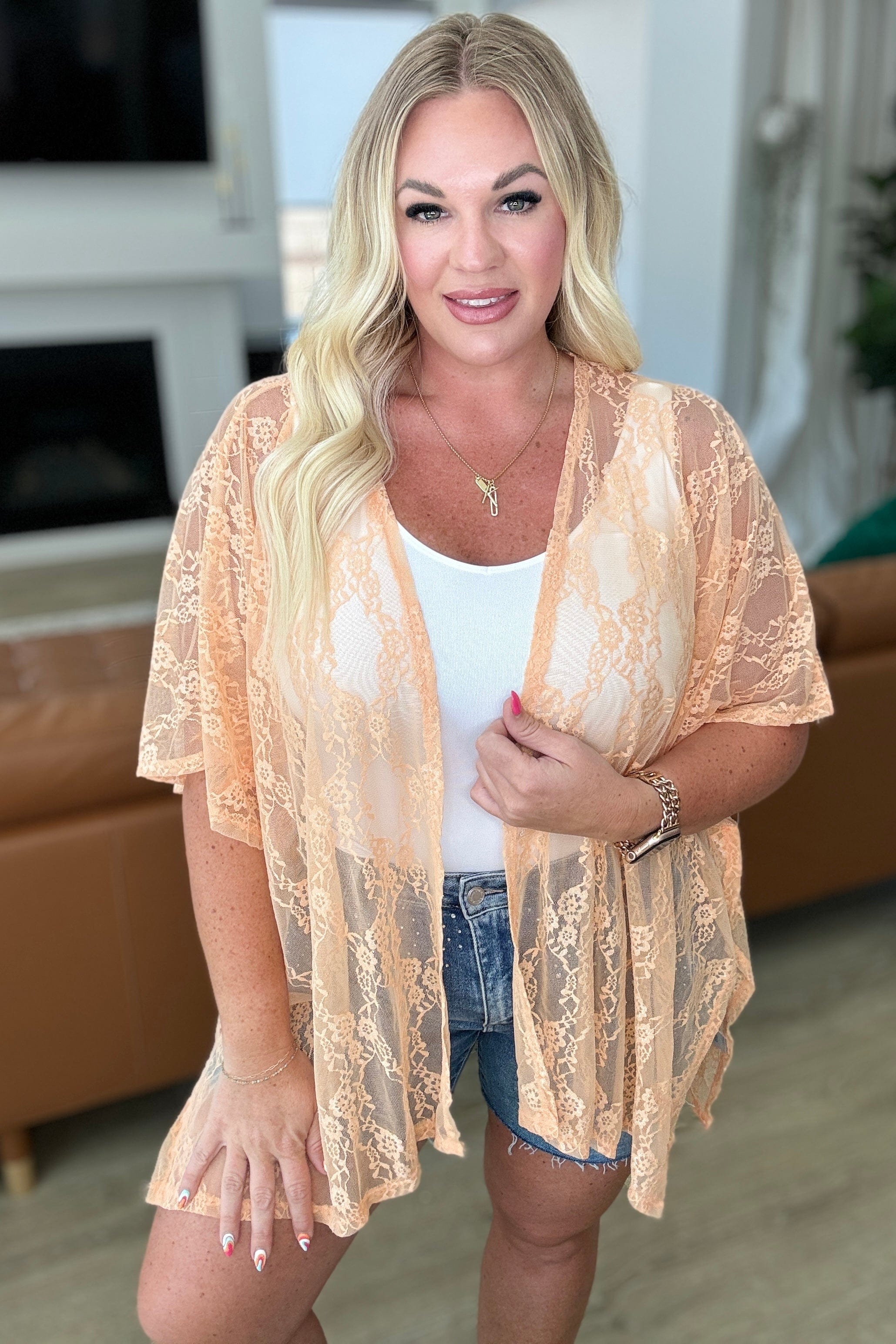 Good Days Ahead Lace Kimono In Peach-Layers-Stay Foxy Boutique, Florissant, Missouri