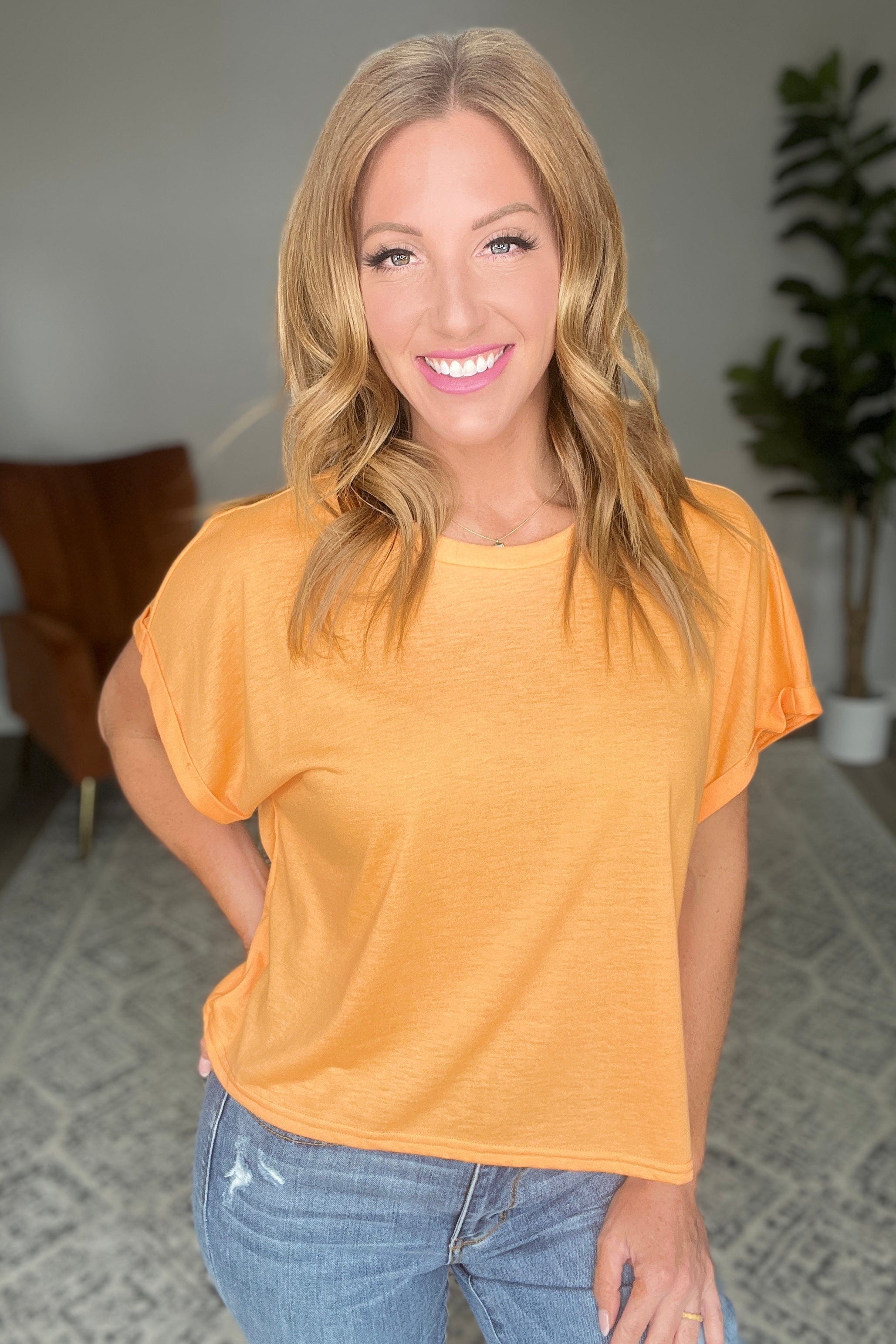 Round Neck Cuffed Sleeve Top in Neon Orange-Tops-Stay Foxy Boutique, Florissant, Missouri