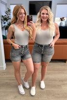 Greyson High Rise Button Fly Cuffed Shorts in Grey-Denim-Stay Foxy Boutique, Florissant, Missouri