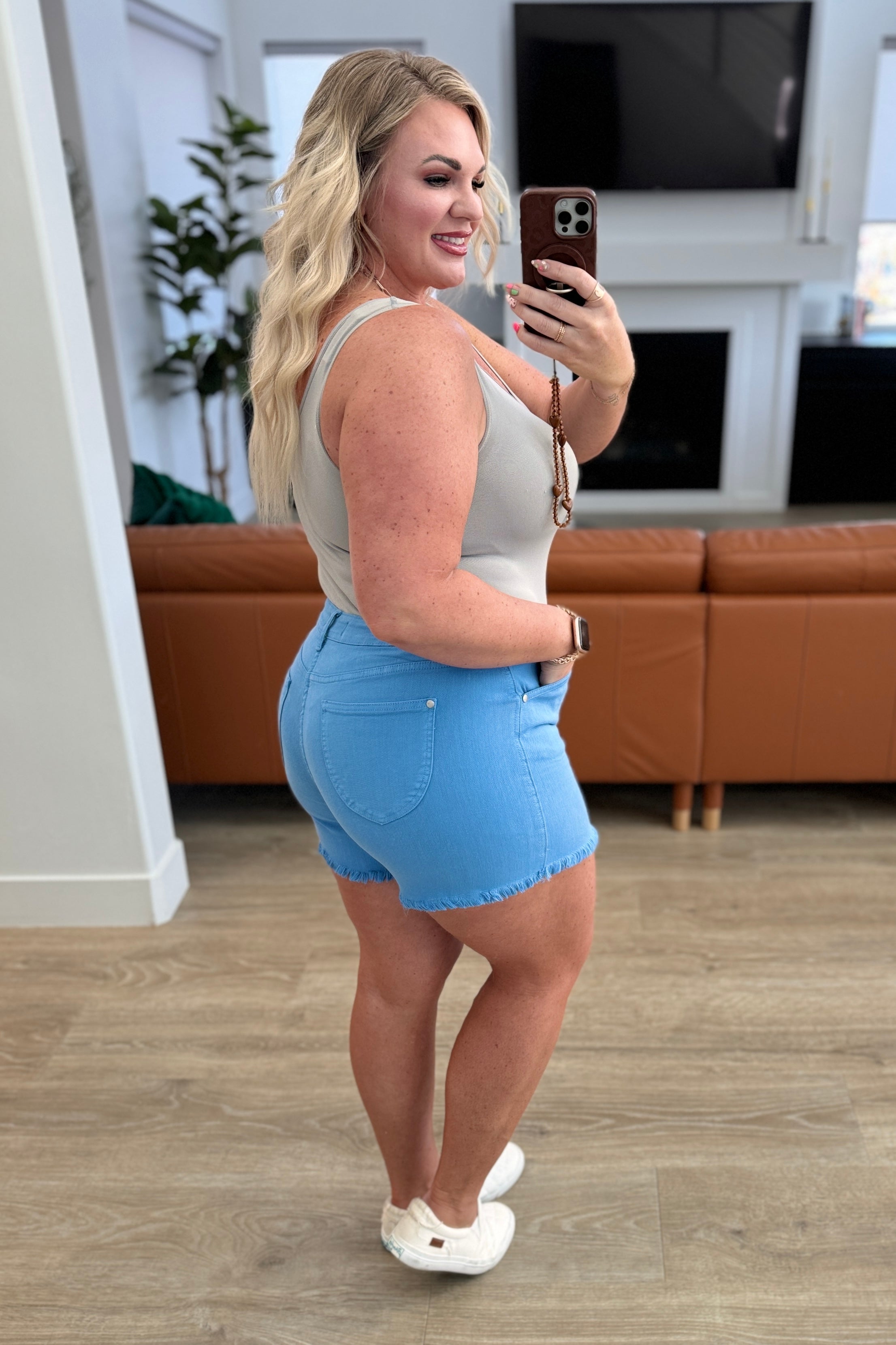 Celeste Mid Rise Shield Pocket Cutoff Shorts in Sky Blue-Denim-Stay Foxy Boutique, Florissant, Missouri