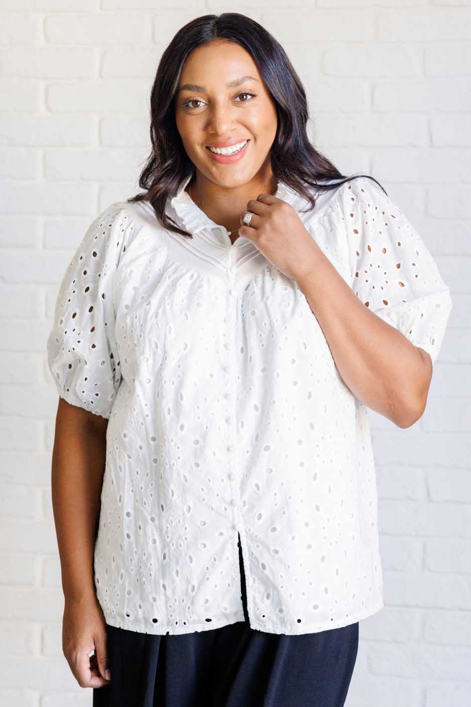 I'll Let You Know Eyelet Lace Blouse-Blouses-Stay Foxy Boutique, Florissant, Missouri