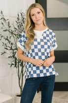 I've Been Everywhere Crew Neck Checkered Top in Blue-Womens-Stay Foxy Boutique, Florissant, Missouri
