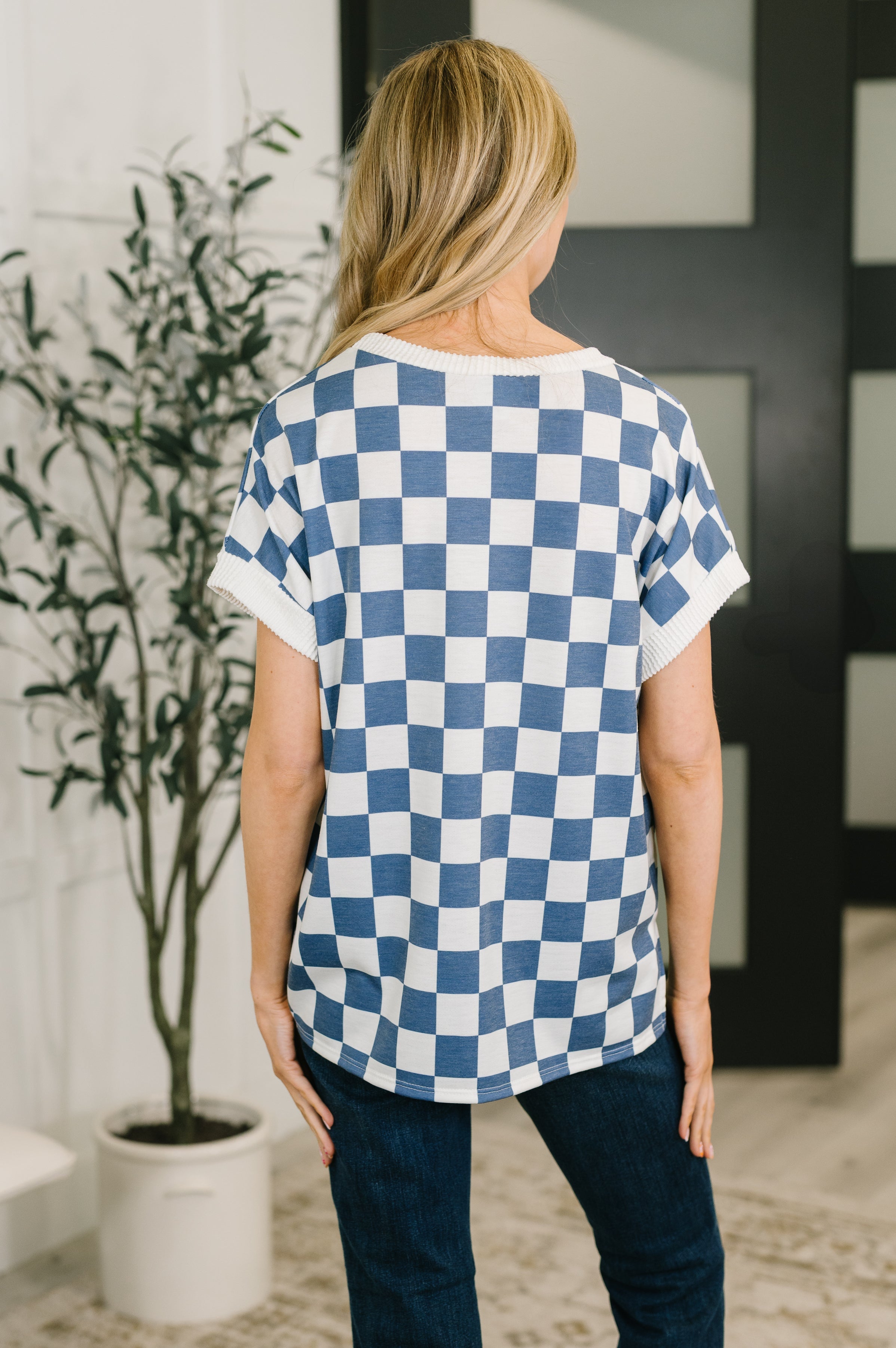 I've Been Everywhere Crew Neck Checkered Top in Blue-Womens-Stay Foxy Boutique, Florissant, Missouri