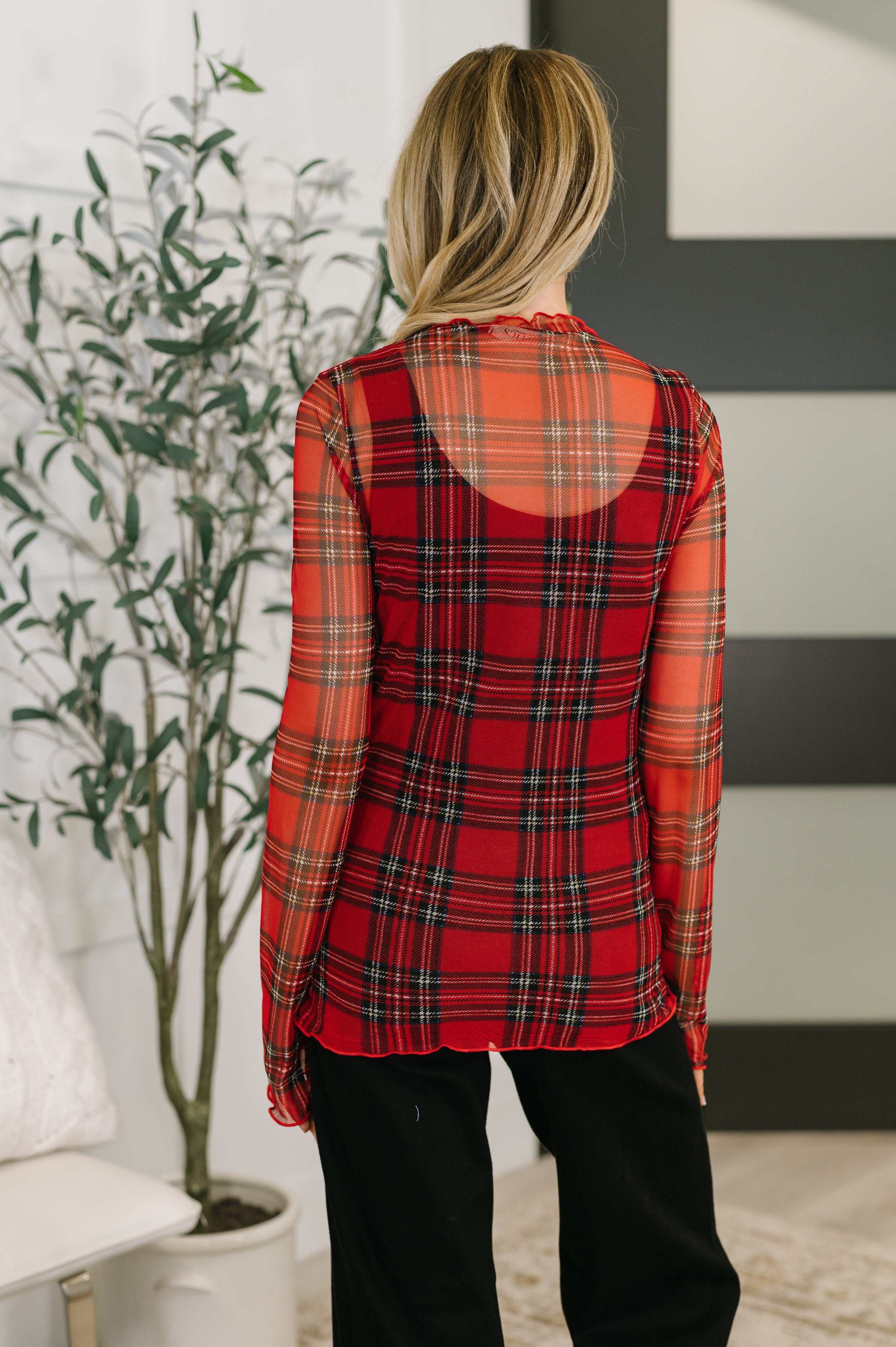 In the Present Plaid Mesh Layering Top in Red-Womens-Stay Foxy Boutique, Florissant, Missouri