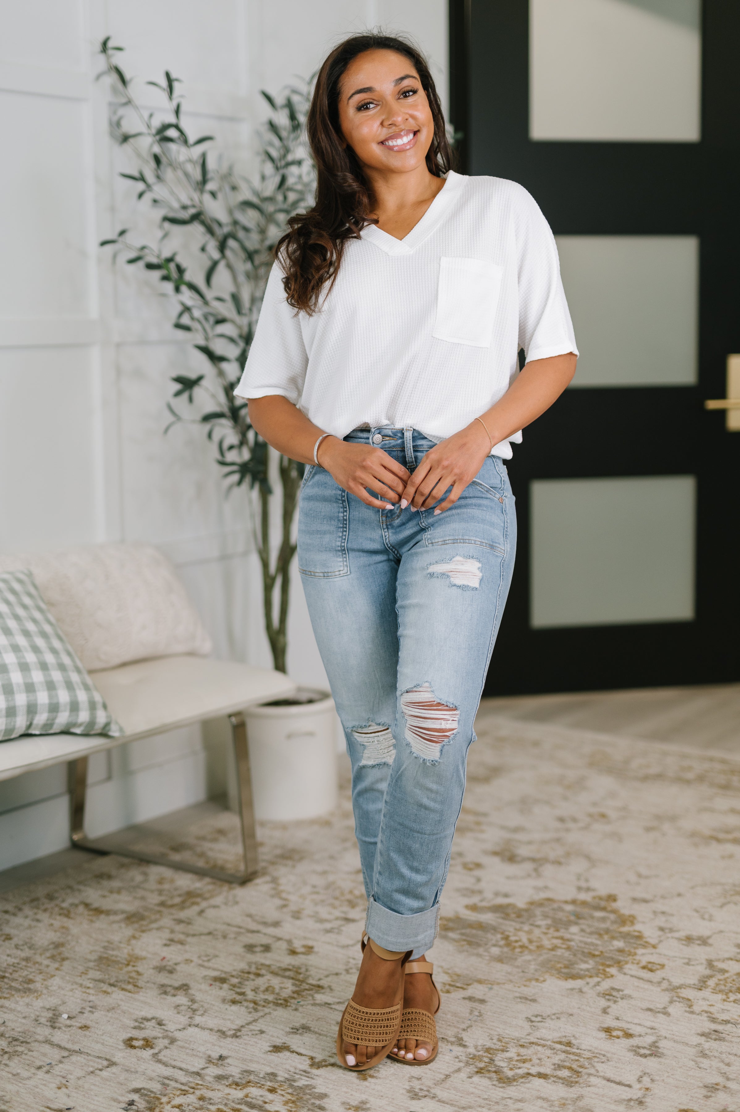 Aiden High Rise Patch Pocket Distressed Boyfriend Jeans-Denim-Stay Foxy Boutique, Florissant, Missouri